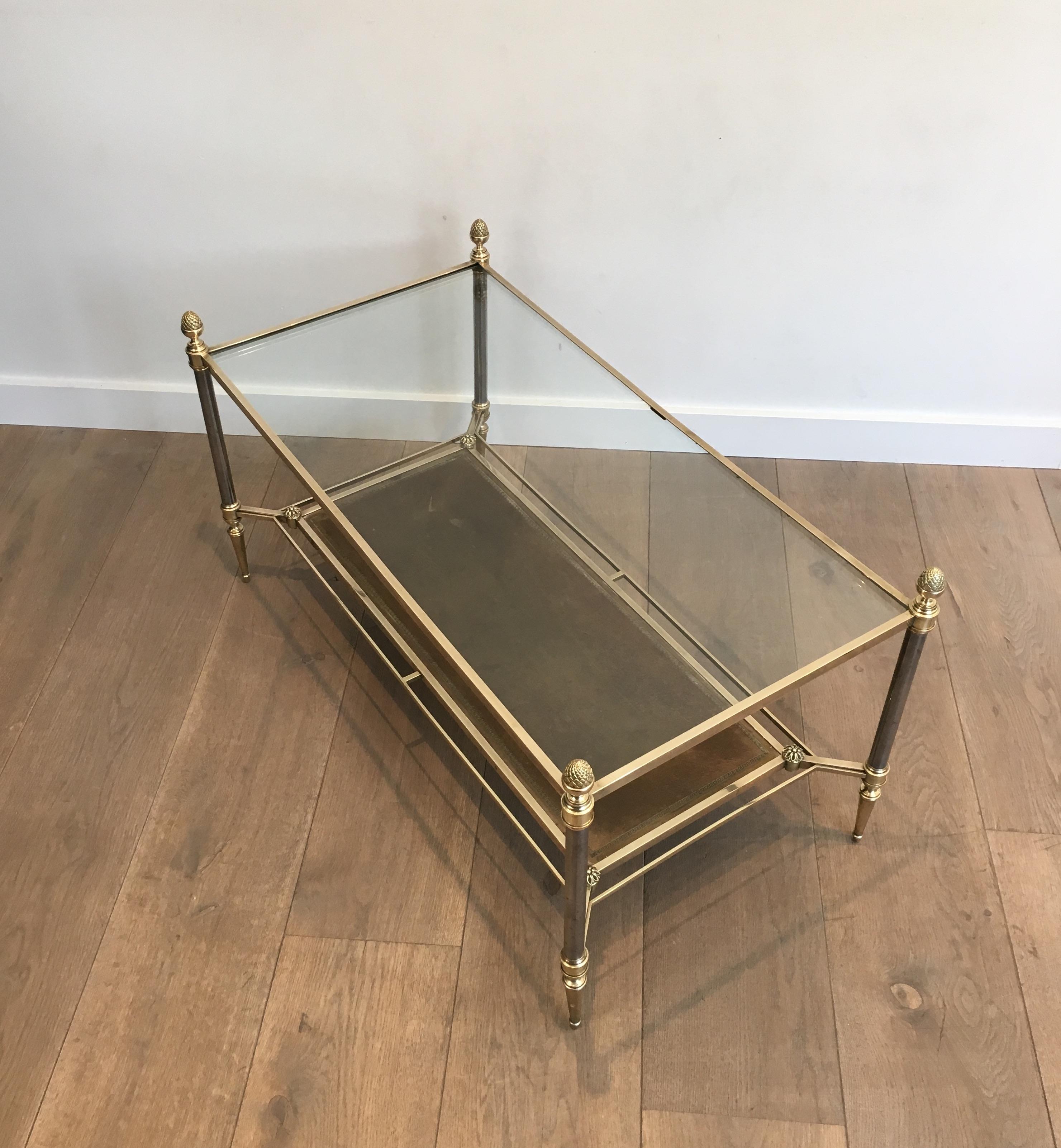 Late 20th Century Maison Jansen, Neoclassical Brass and Brushed Steel Coffee Table with Leather