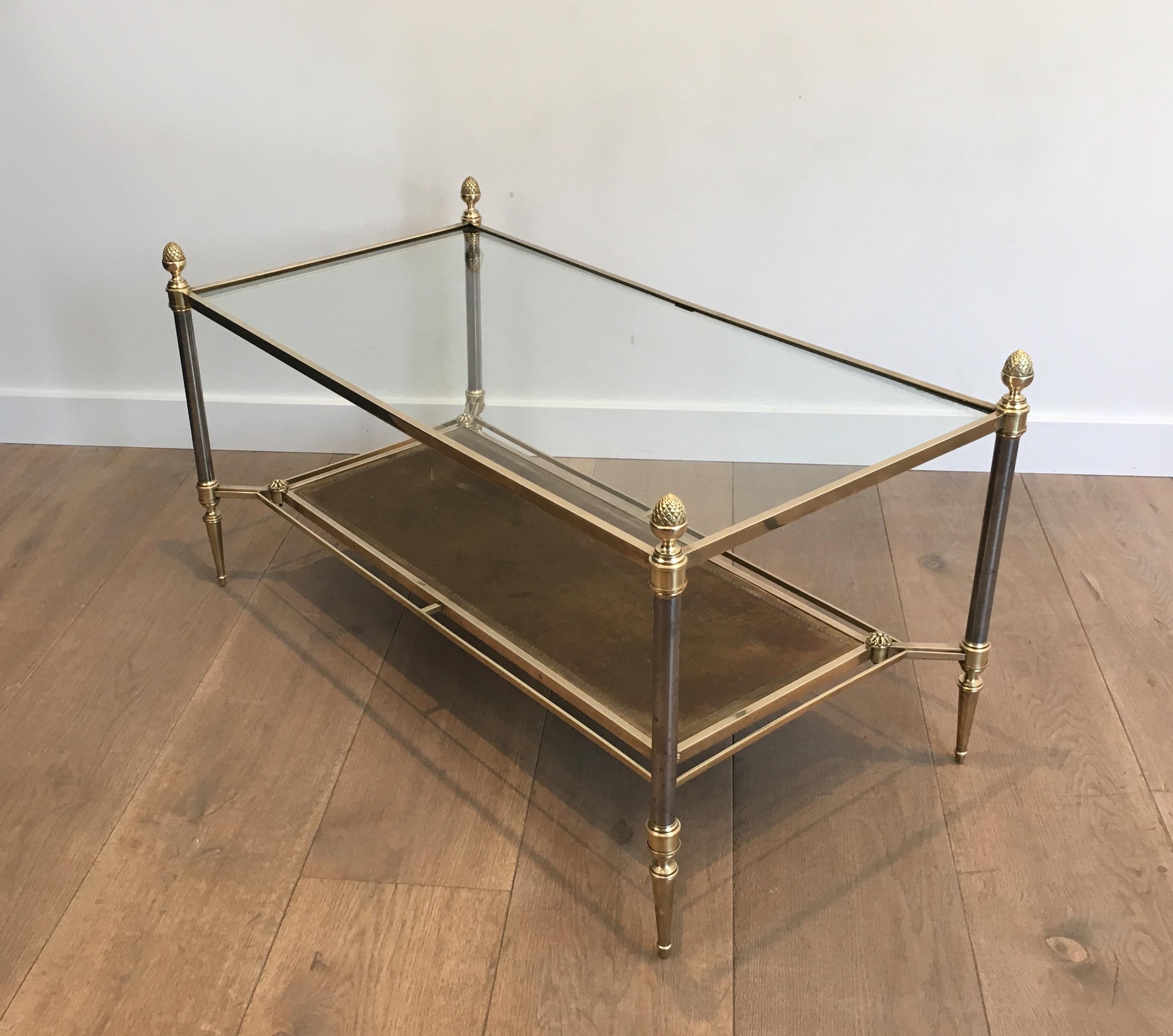 Maison Jansen, Neoclassical Brass and Brushed Steel Coffee Table with Leather 1