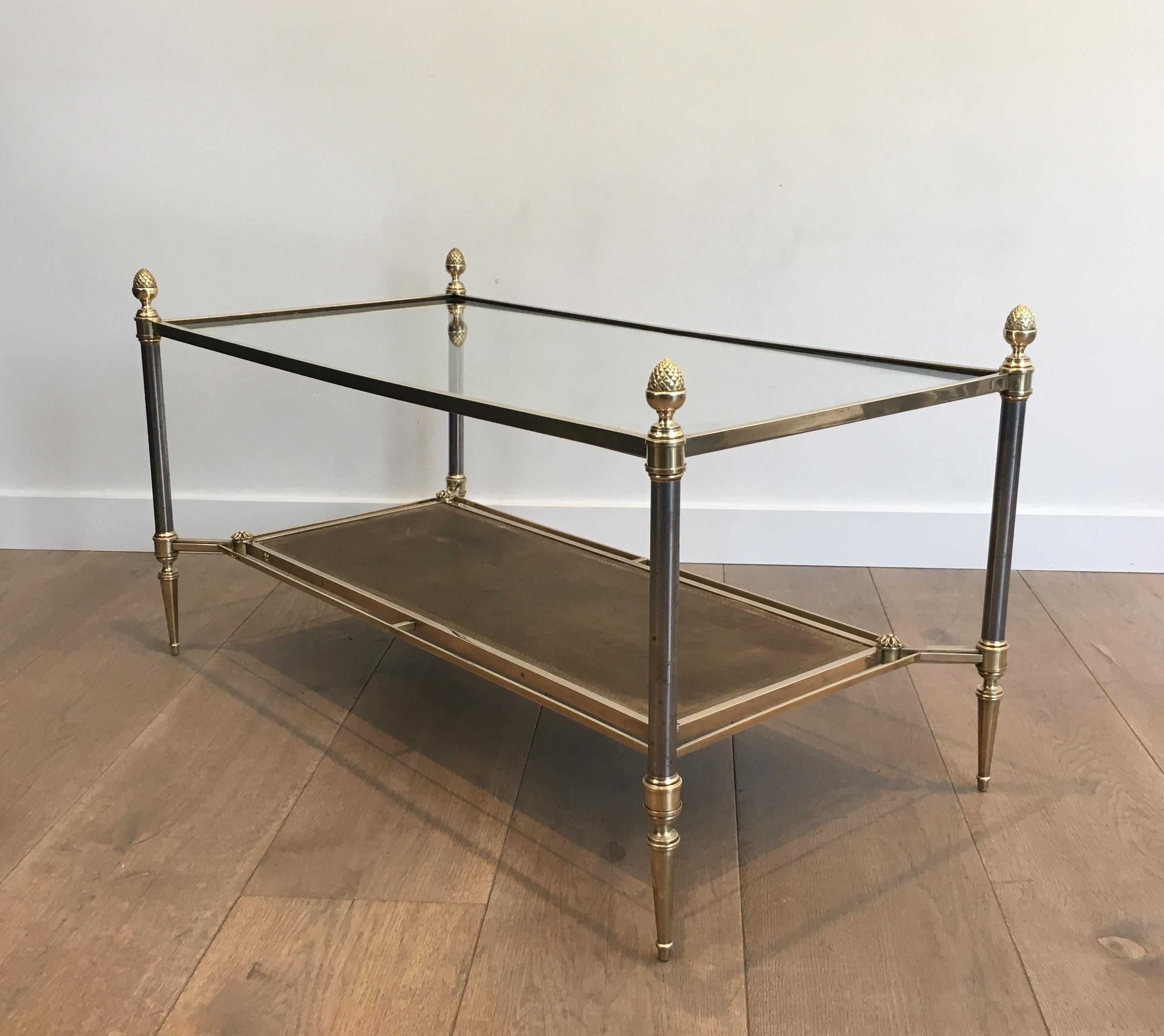 Maison Jansen, Neoclassical Brass and Brushed Steel Coffee Table with Leather 2