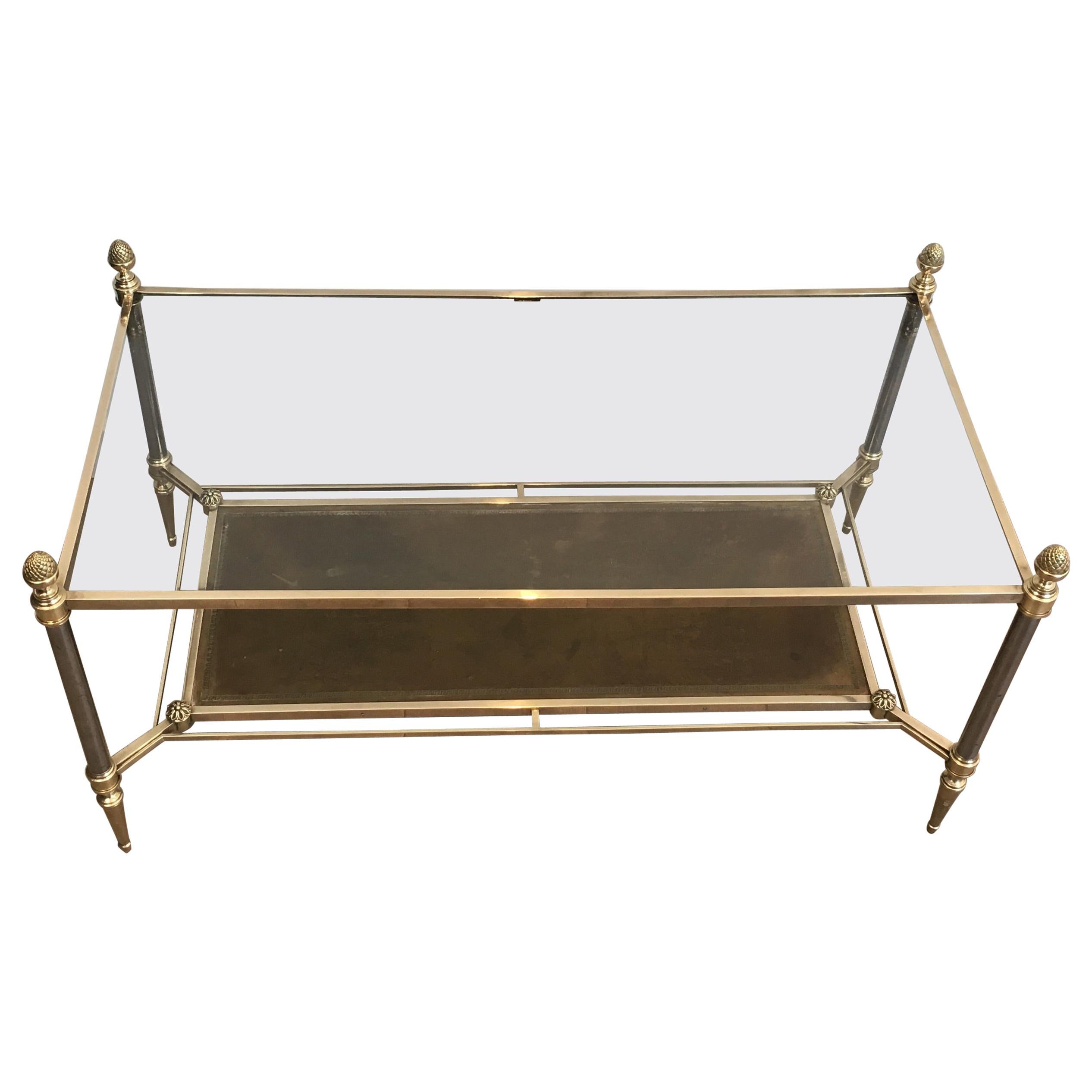 Maison Jansen, Neoclassical Brass and Brushed Steel Coffee Table with Leather