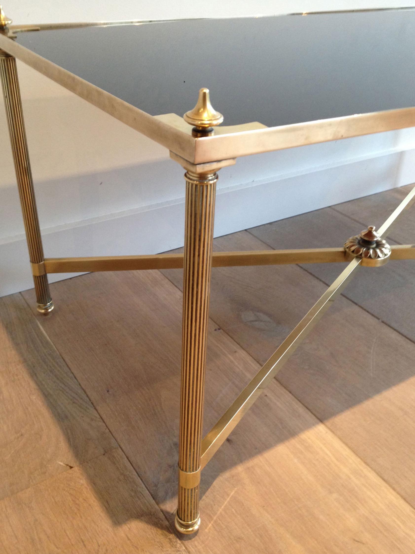 French Maison Jansen, Neoclassical Brass Coffee Table with Black Lacquered Glass Top