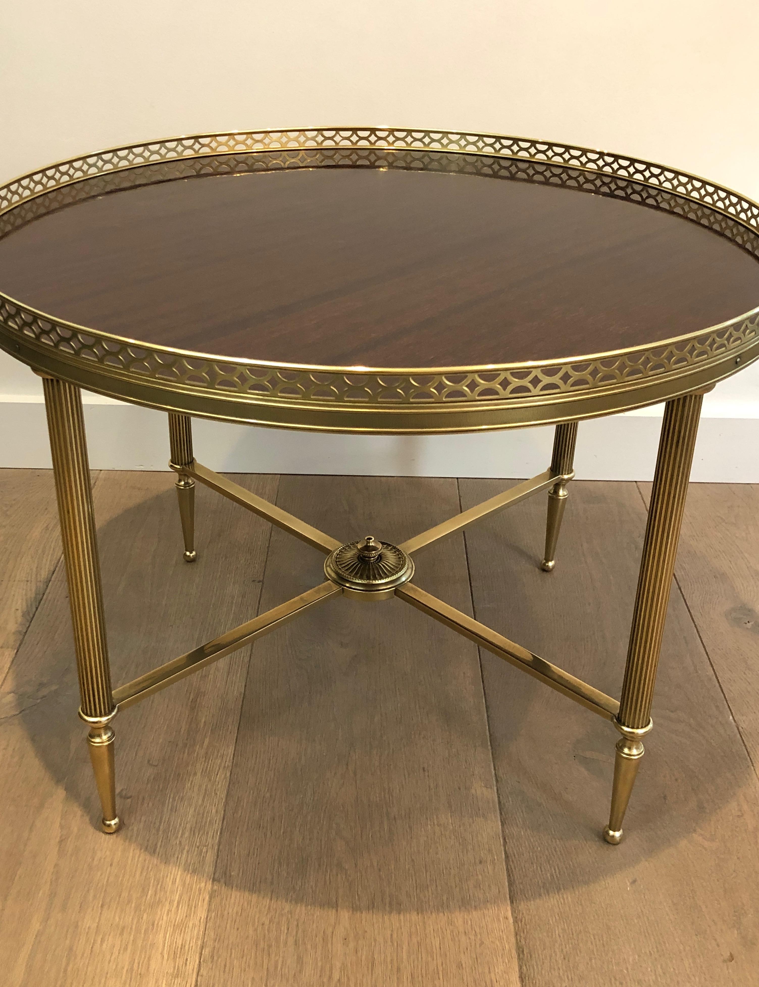 Maison Jansen, Neoclassical Brass Round Coffee Table with Mahogany Veneer Top F 6