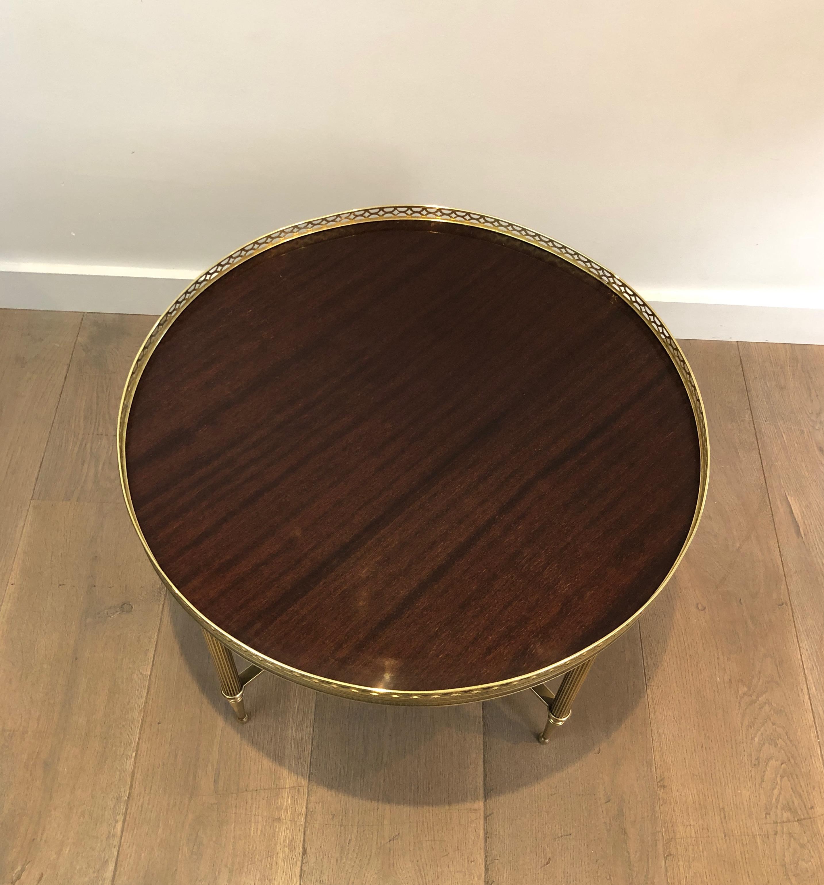 Maison Jansen, Neoclassical Brass Round Coffee Table with Mahogany Veneer Top F 11