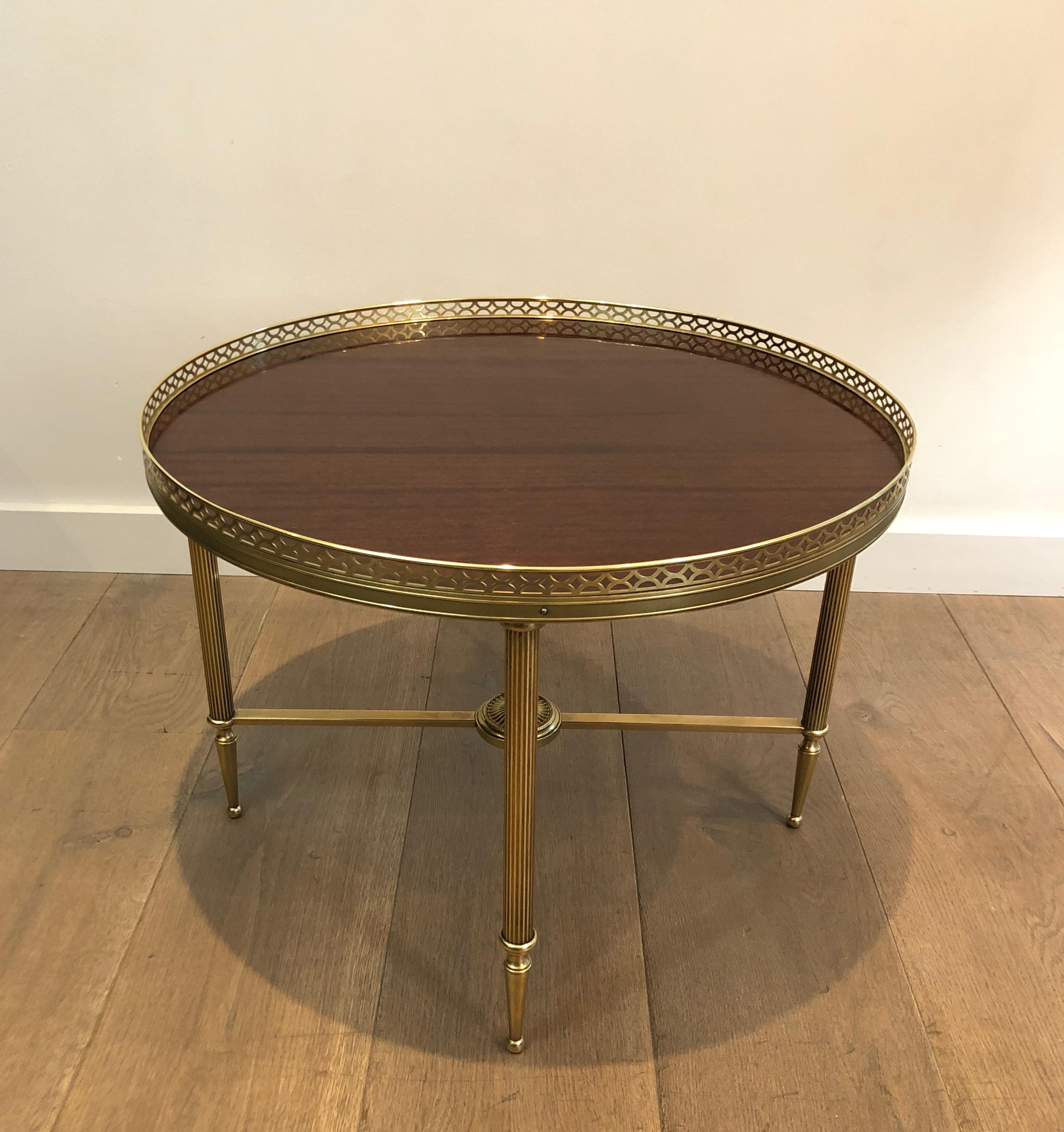 Maison Jansen, Neoclassical Brass Round Coffee Table with Mahogany Veneer Top F 12