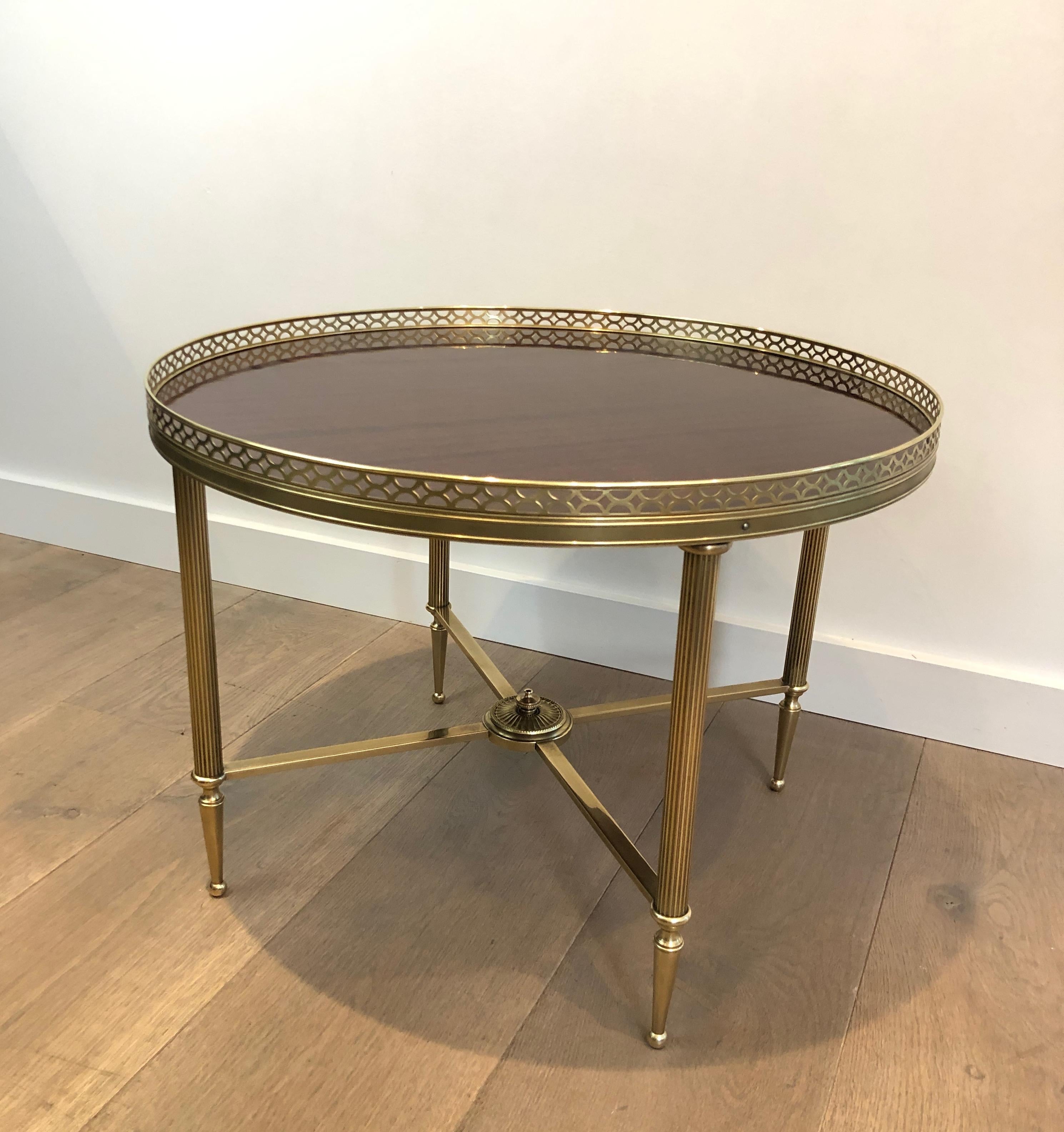 Maison Jansen, Neoclassical Brass Round Coffee Table with Mahogany Veneer Top F 13