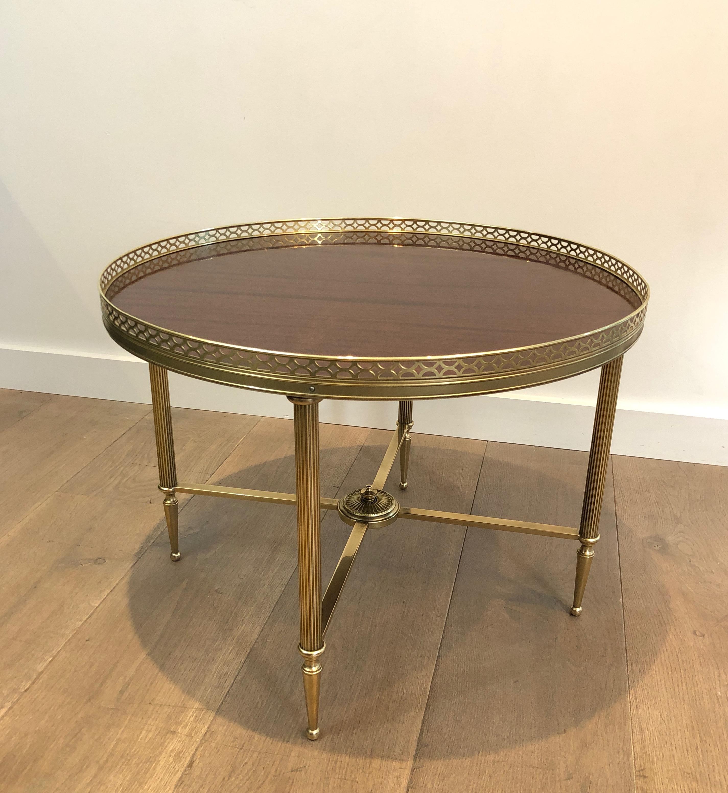 Maison Jansen, Neoclassical Brass Round Coffee Table with Mahogany Veneer Top F 14