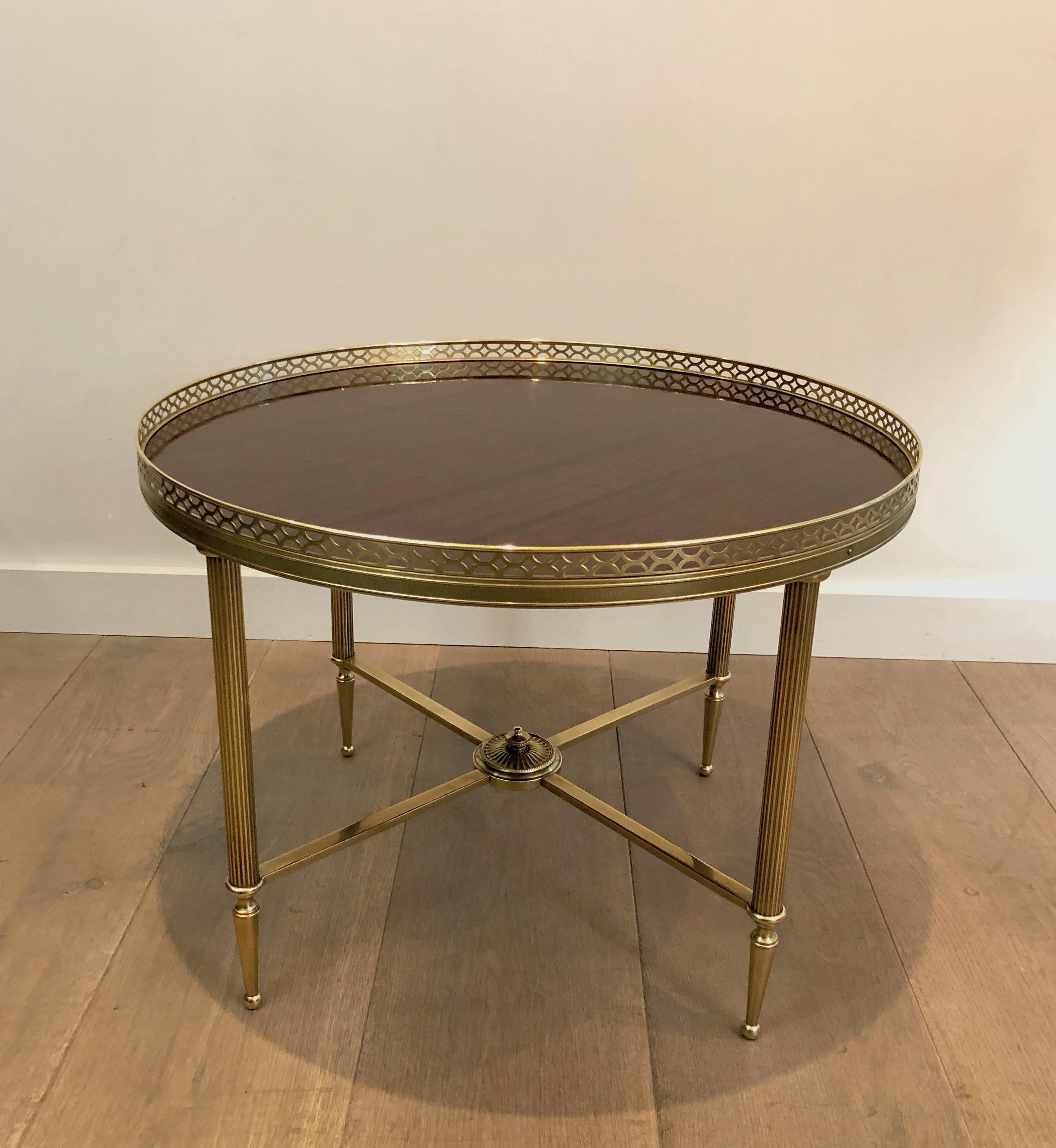 Maison Jansen, Neoclassical Brass Round Coffee Table with Mahogany Veneer Top F 15