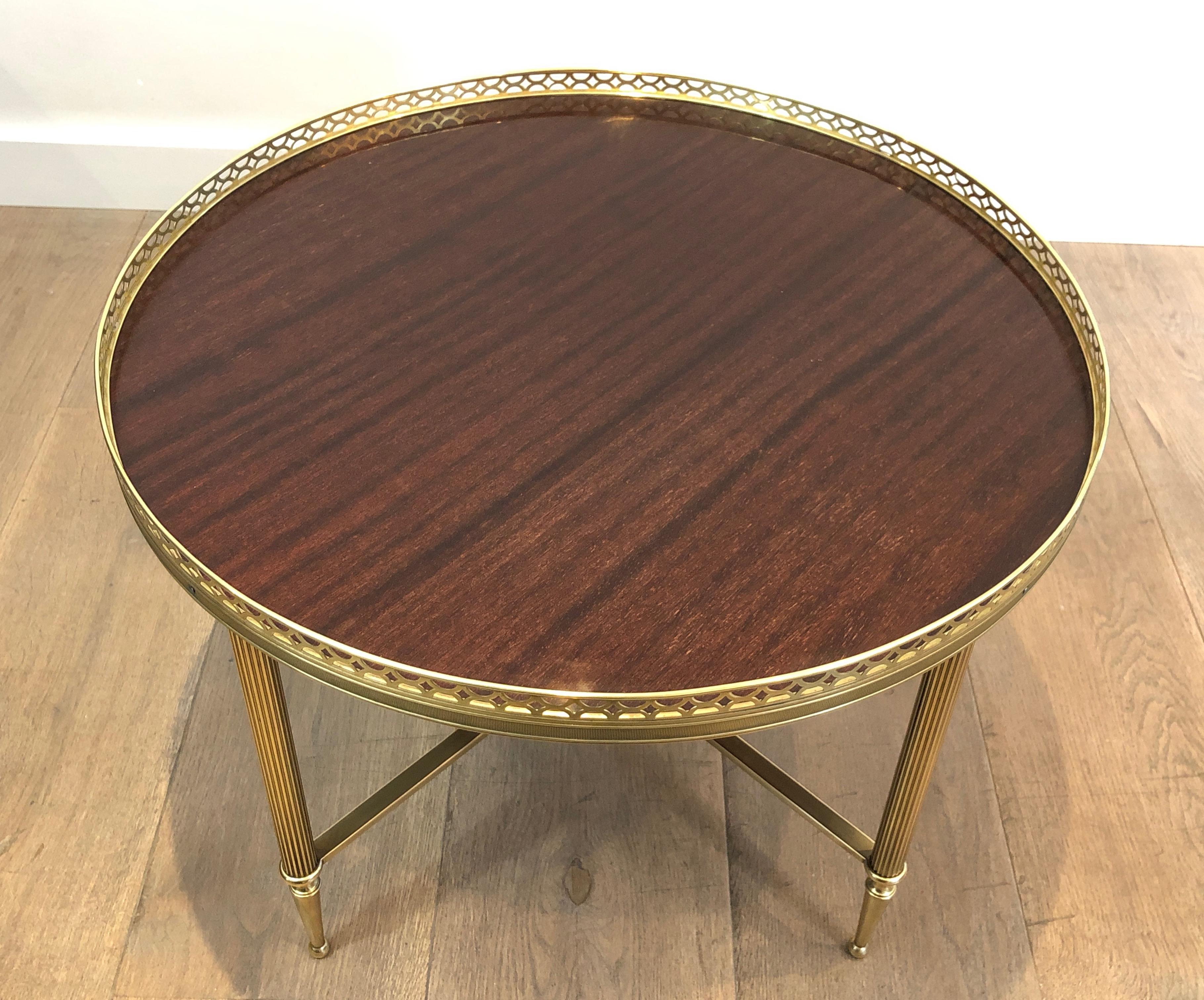 Mid-20th Century Maison Jansen, Neoclassical Brass Round Coffee Table with Mahogany Veneer Top F