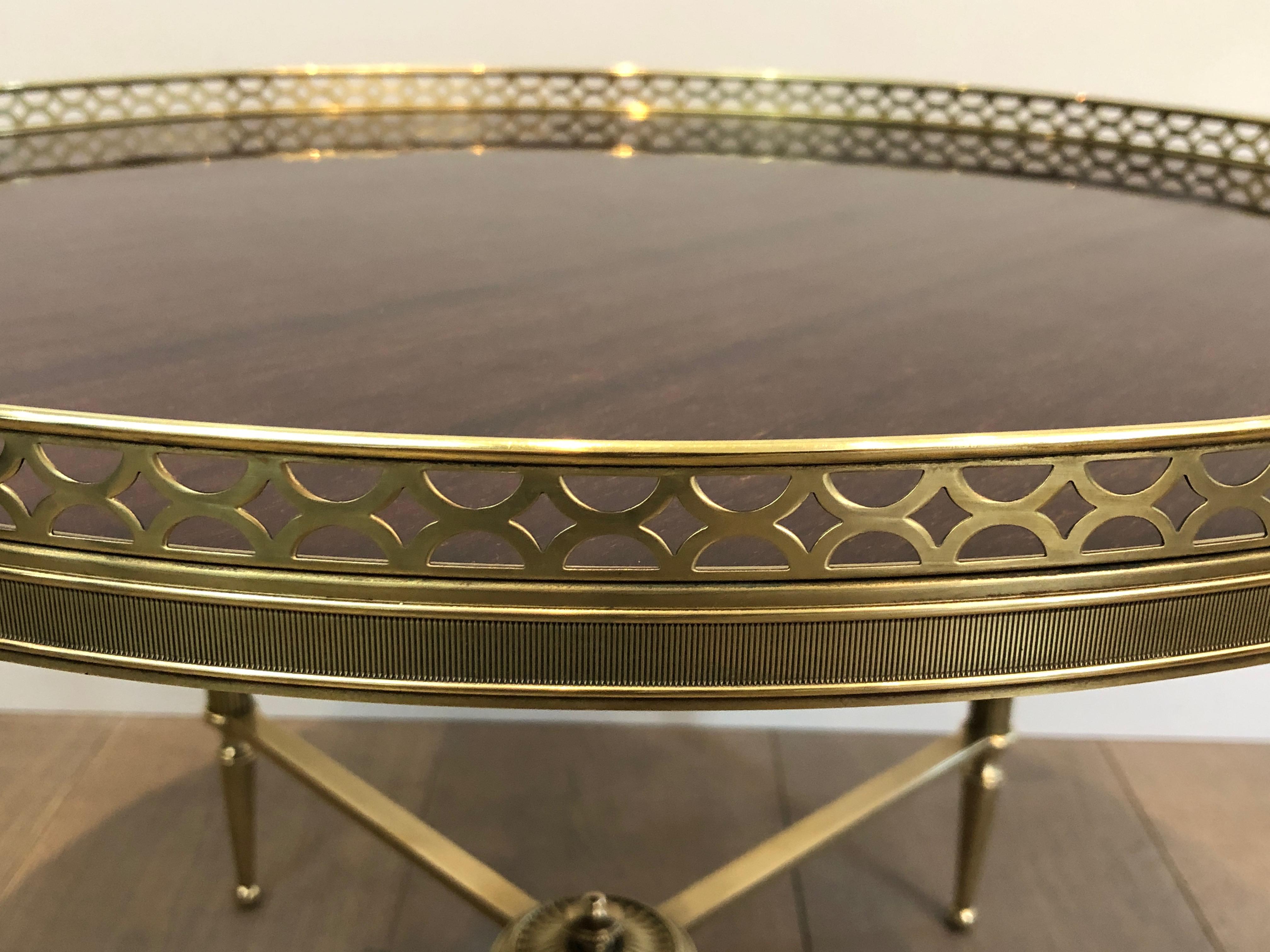 Maison Jansen, Neoclassical Brass Round Coffee Table with Mahogany Veneer Top F 1