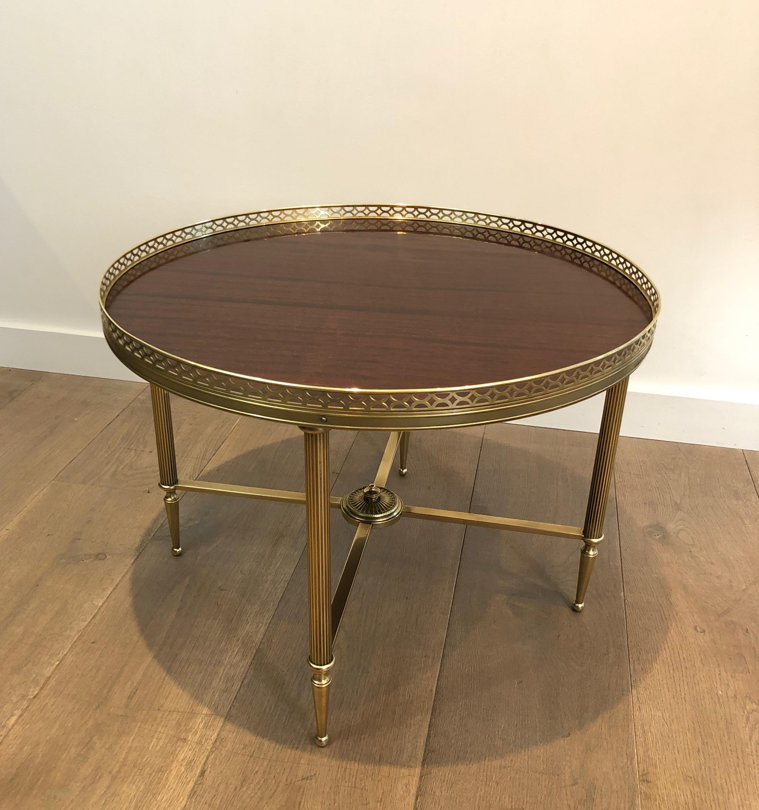 Maison Jansen, Neoclassical Brass Round Coffee Table with Mahogany Veneer Top F 4