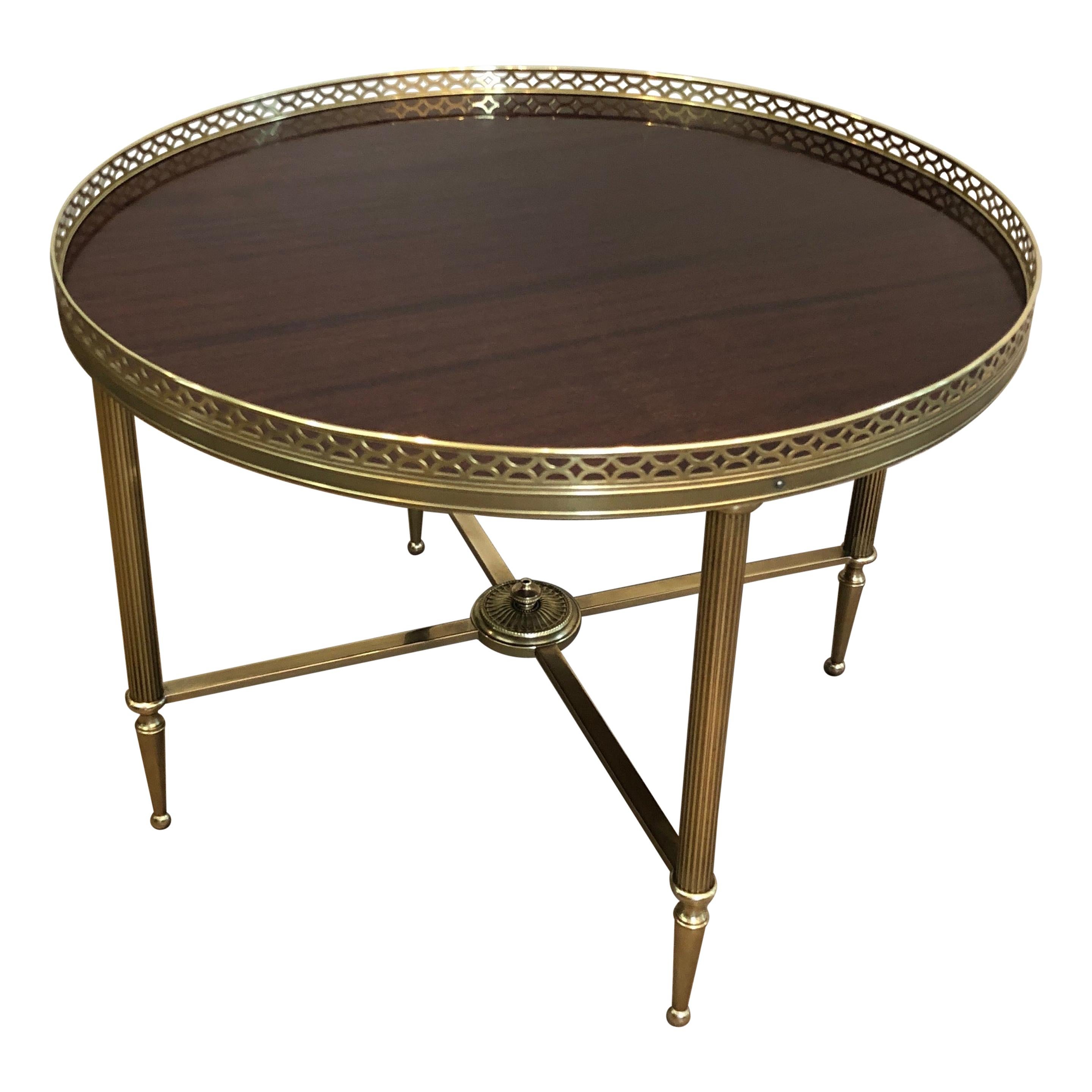 Maison Jansen, Neoclassical Brass Round Coffee Table with Mahogany Veneer Top F