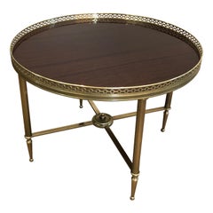 Maison Jansen, Neoclassical Brass Round Coffee Table with Mahogany Veneer Top F