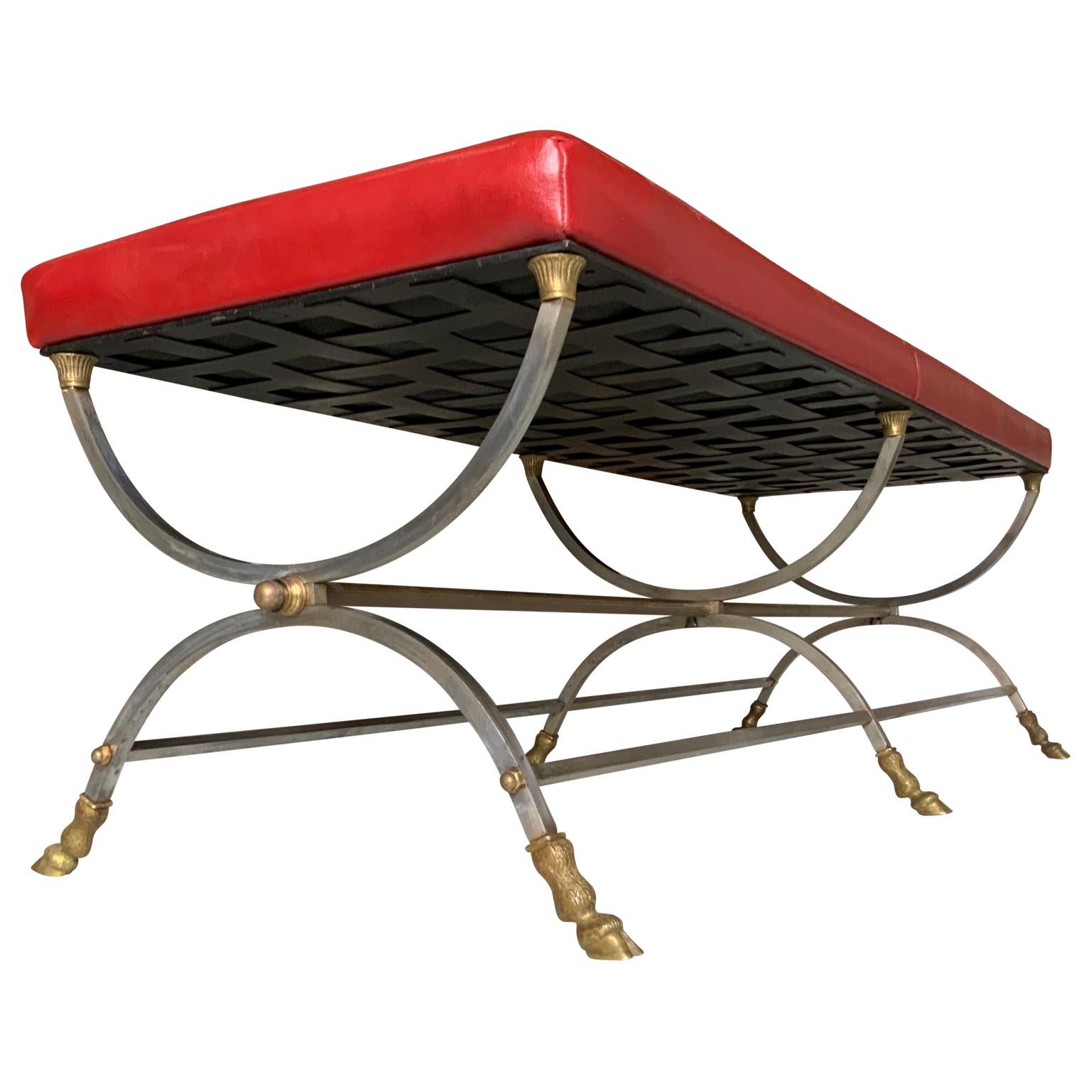 20th Century Maison Jansen Neoclassical Bronze and Steel Bench in Red Leather Upholstery