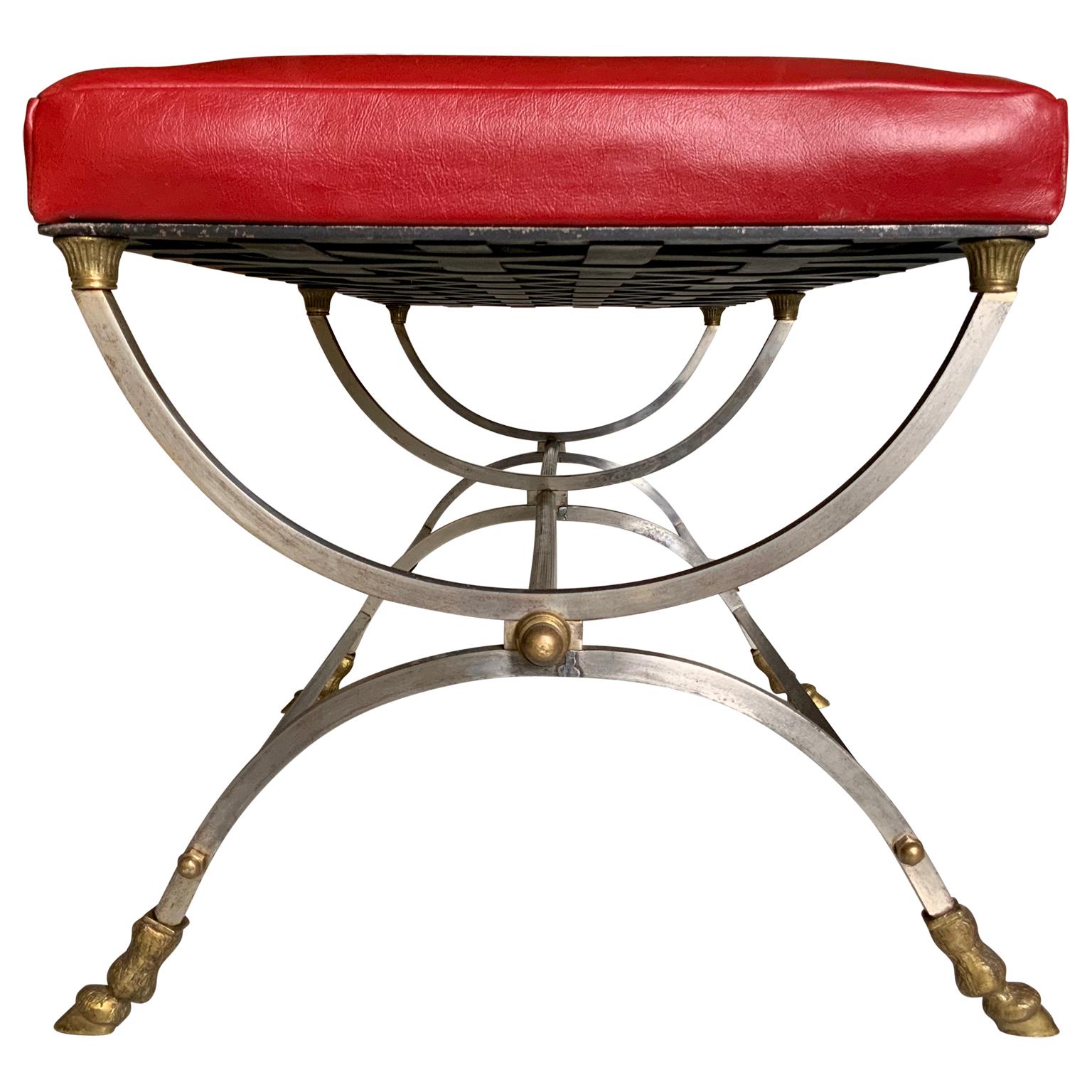 Brass Maison Jansen Neoclassical Bronze and Steel Bench in Red Leather Upholstery