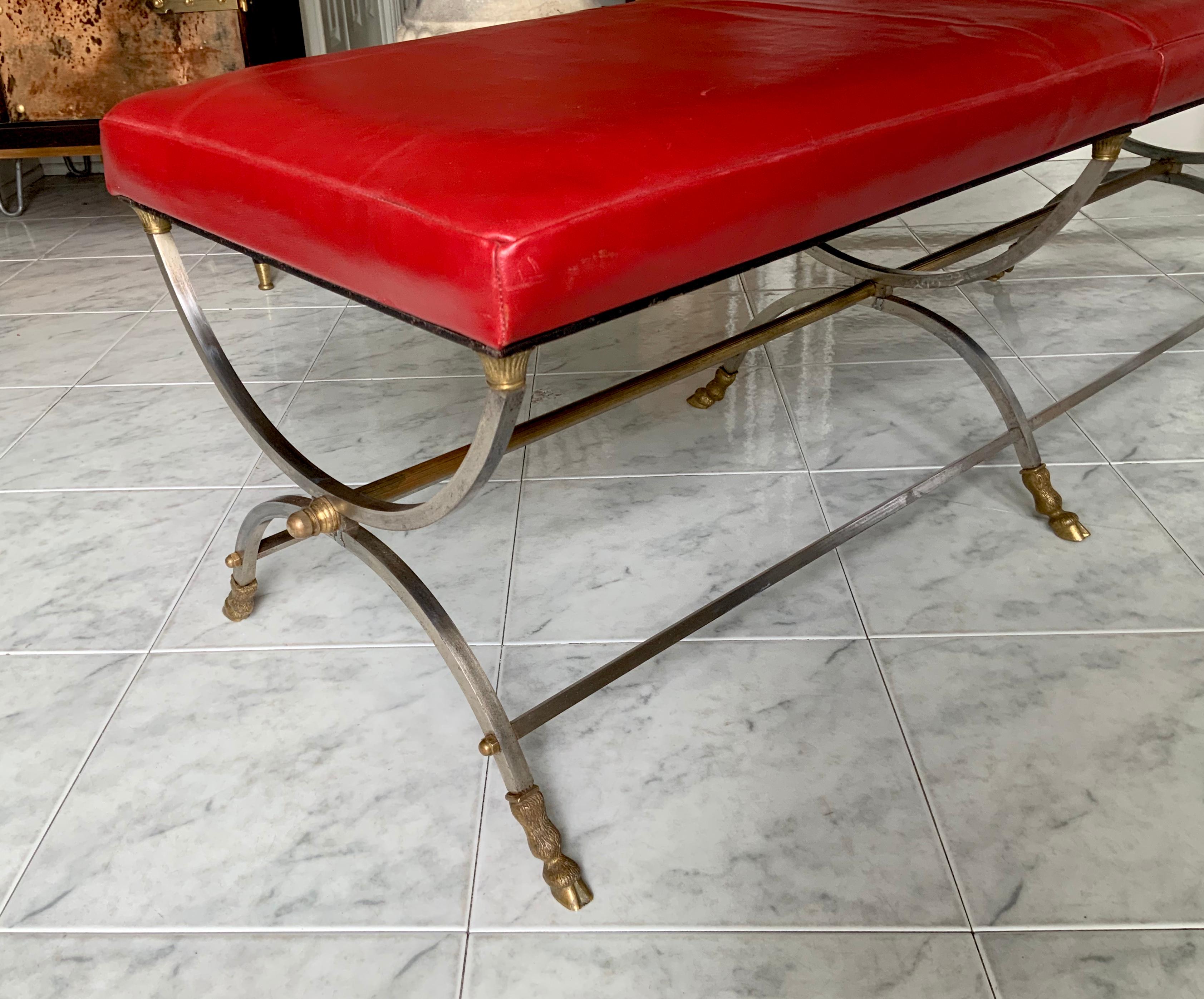 Maison Jansen Neoclassical Bronze and Steel Bench in Red Leather Upholstery 3