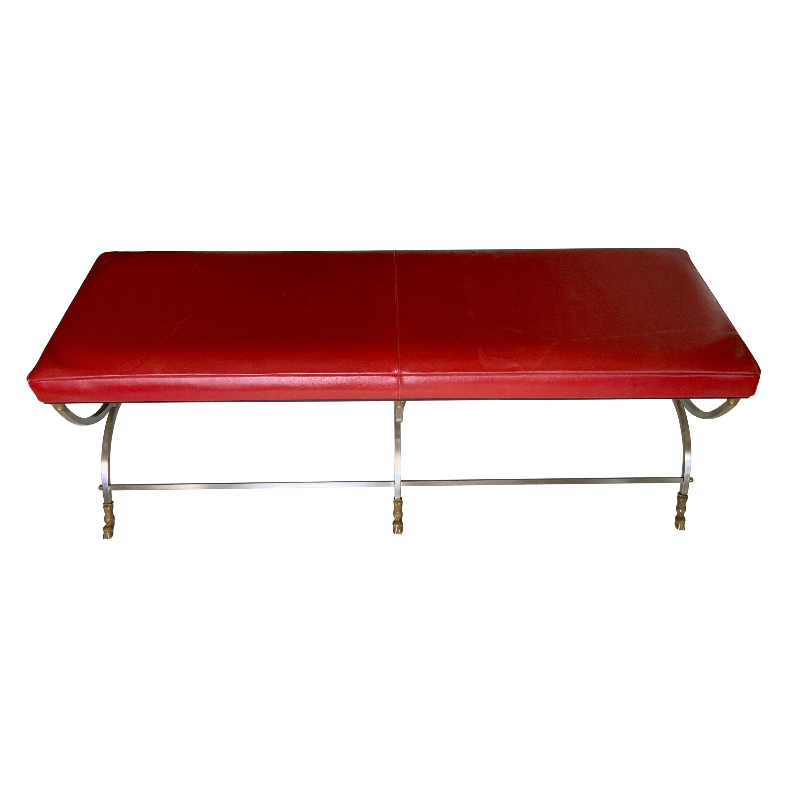 Maison Jansen Neoclassical Bronze and Steel Bench in Red Leather Upholstery
