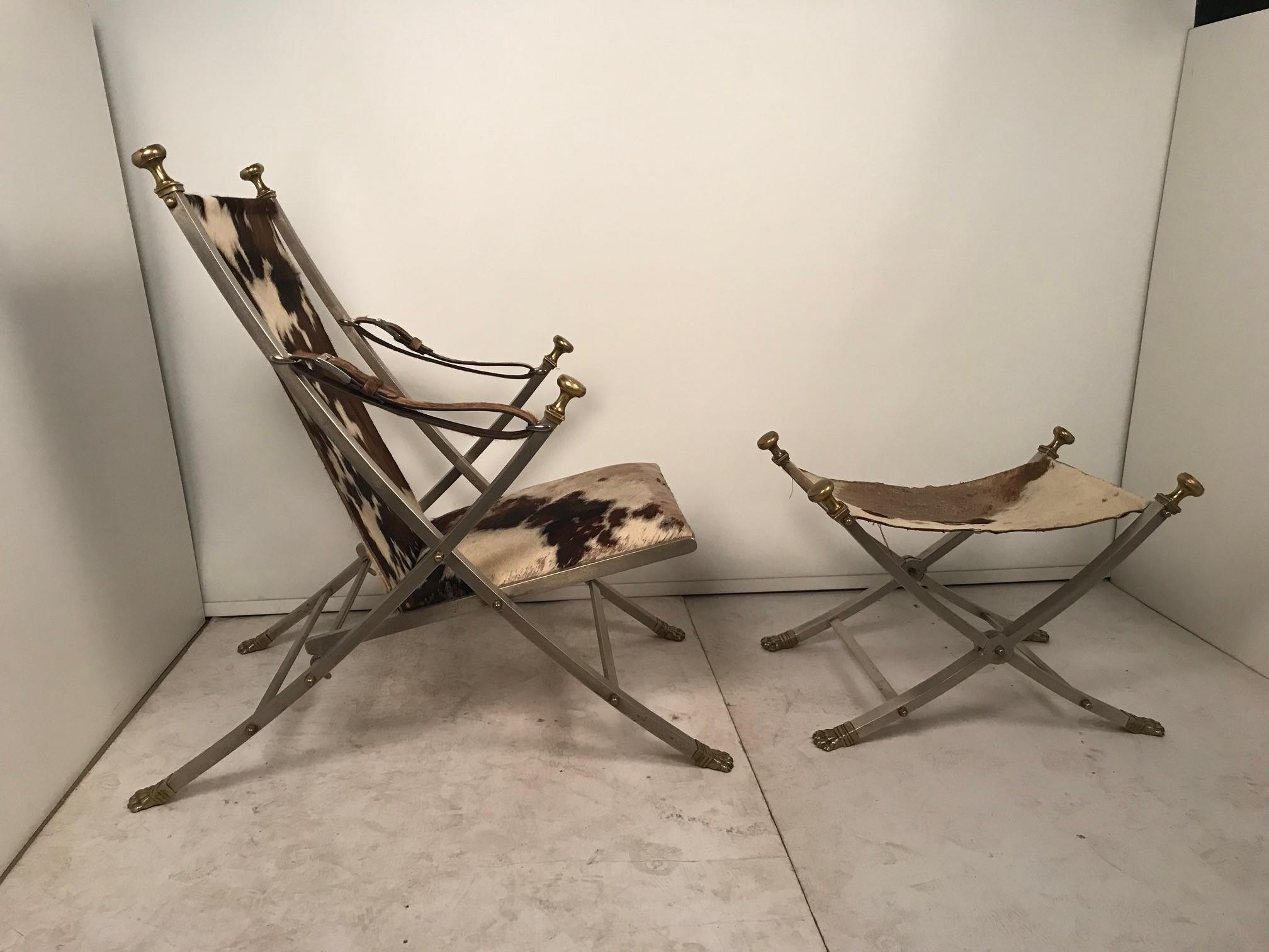 Maison Jansen Neoclassical Campaign Chair and Ottoman For Sale 10