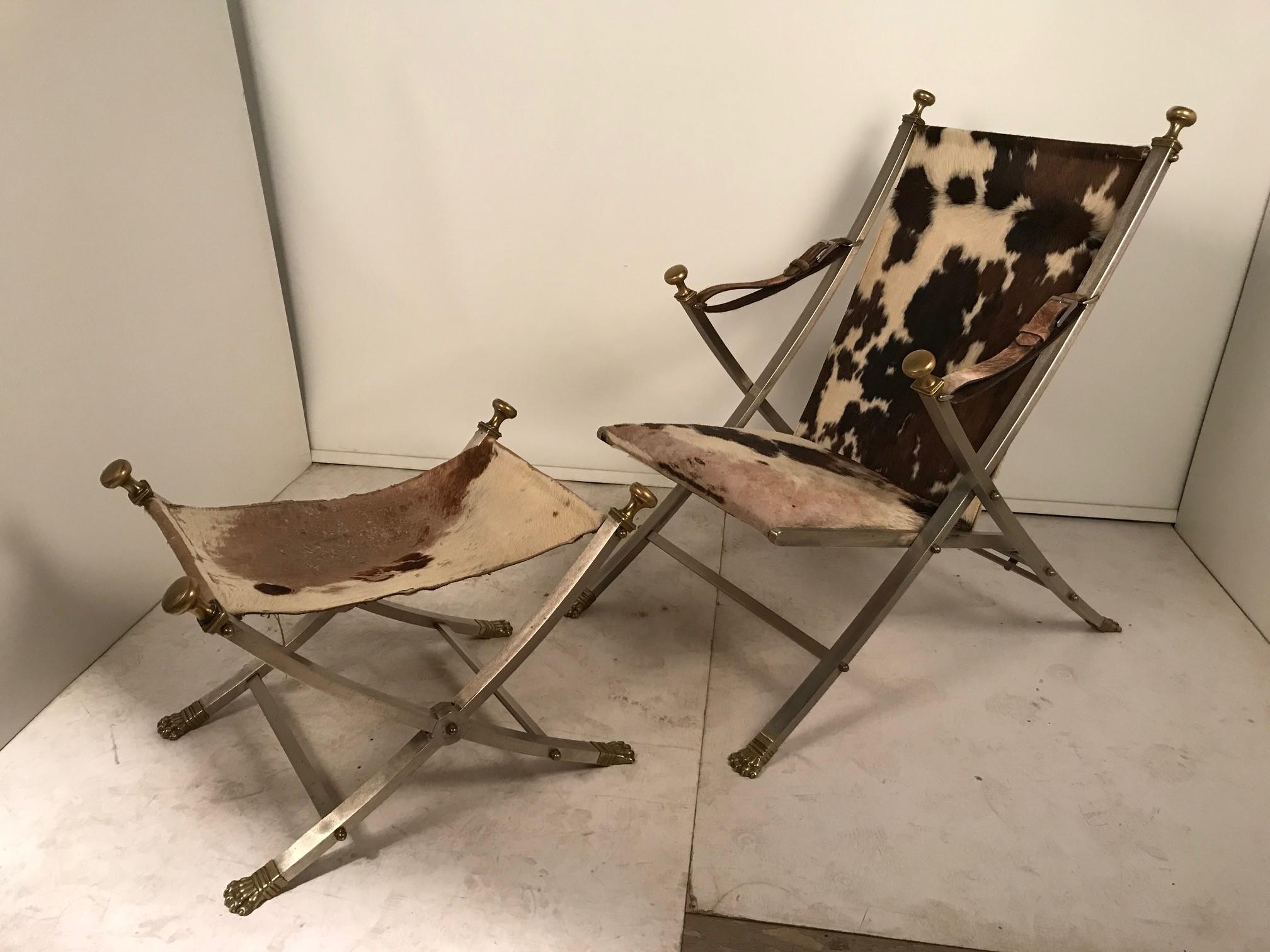 Maison Jansen Neoclassical Campaign Chair and Ottoman For Sale 11