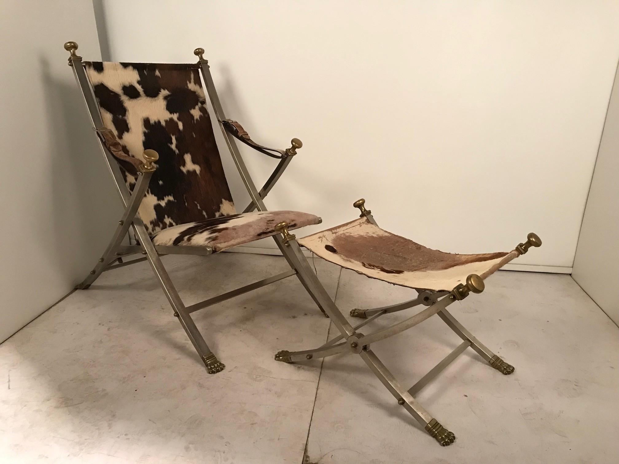 French Maison Jansen Neoclassical Campaign Chair and Ottoman For Sale