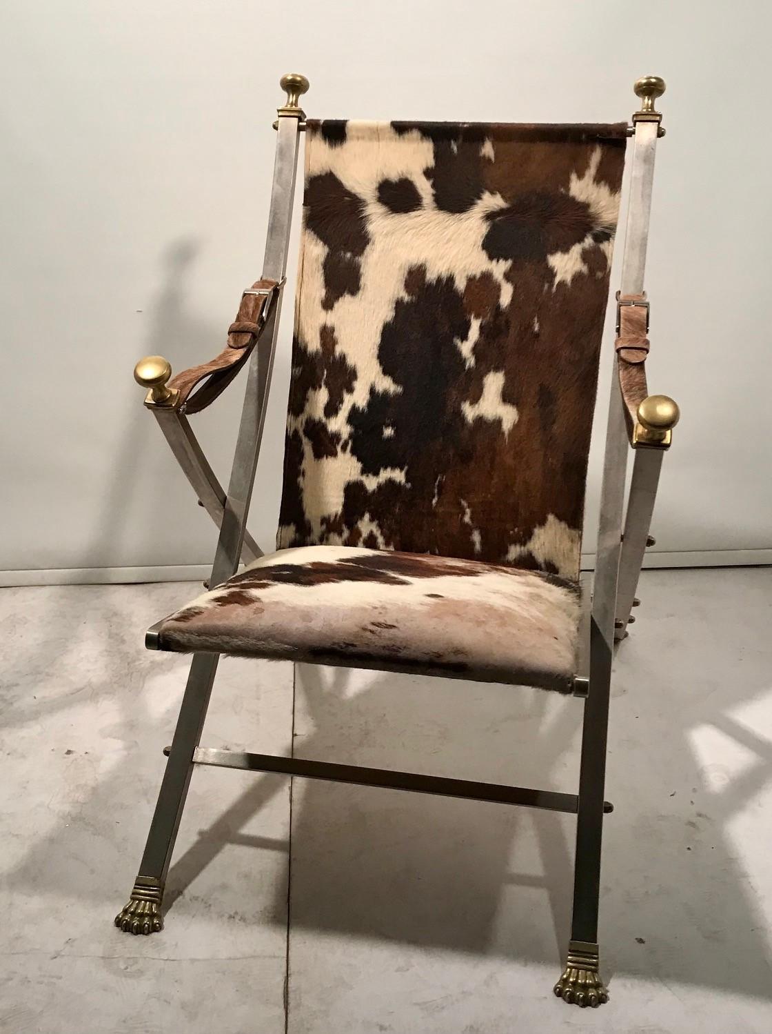Hand-Crafted Maison Jansen Neoclassical Campaign Chair and Ottoman For Sale