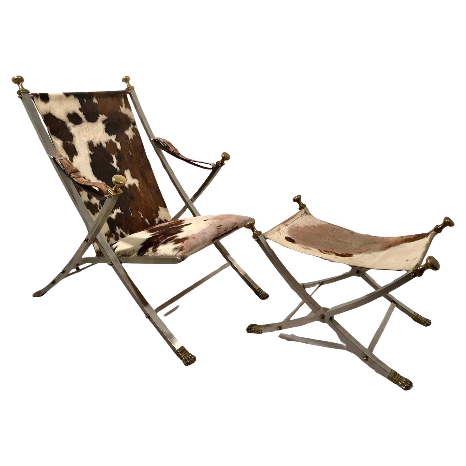 Maison Jansen Neoclassical Campaign Chair and Ottoman