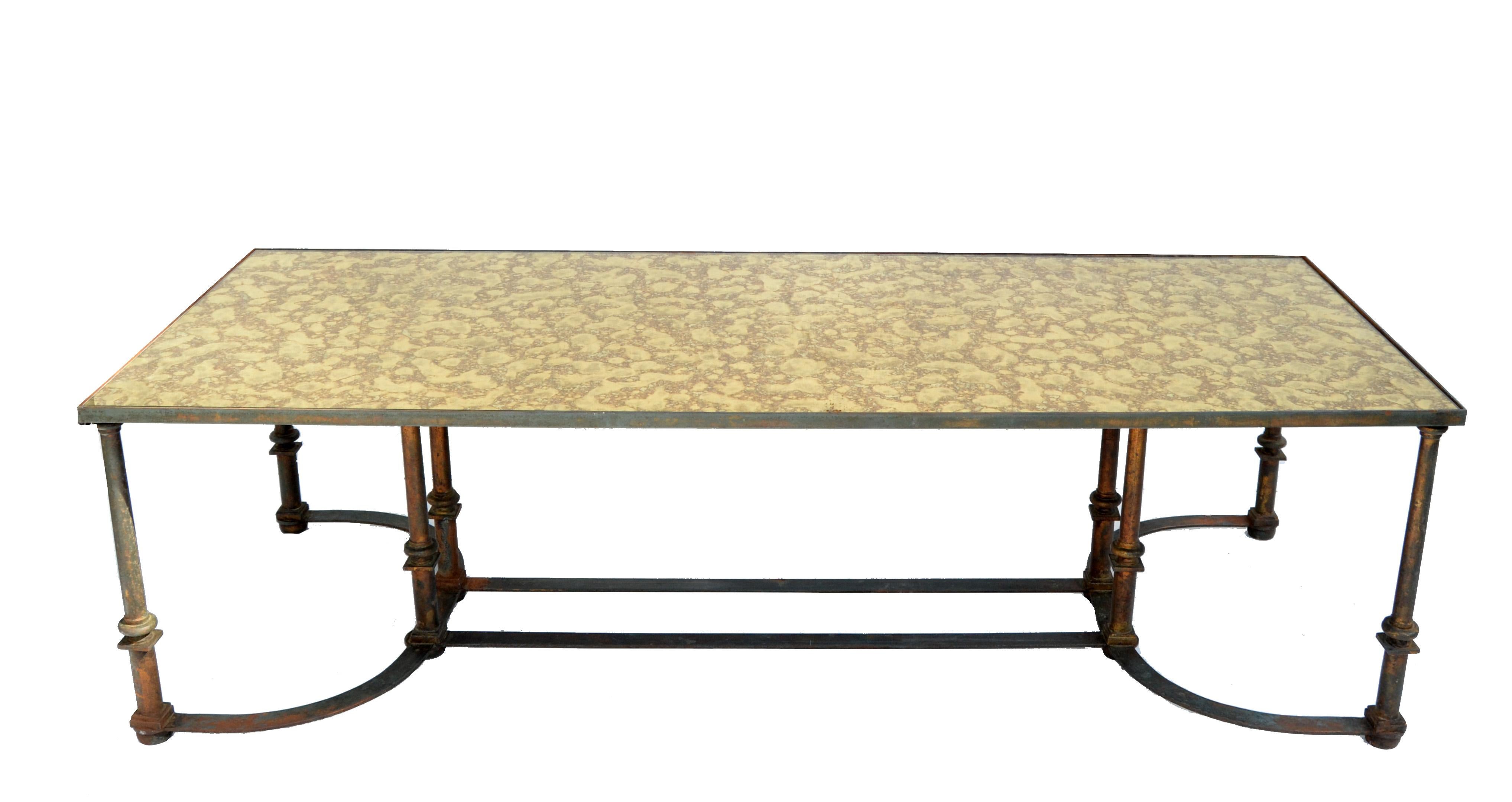 Large Maison Jansen neoclassical distressed steel coffee table cloudy mirror glass.