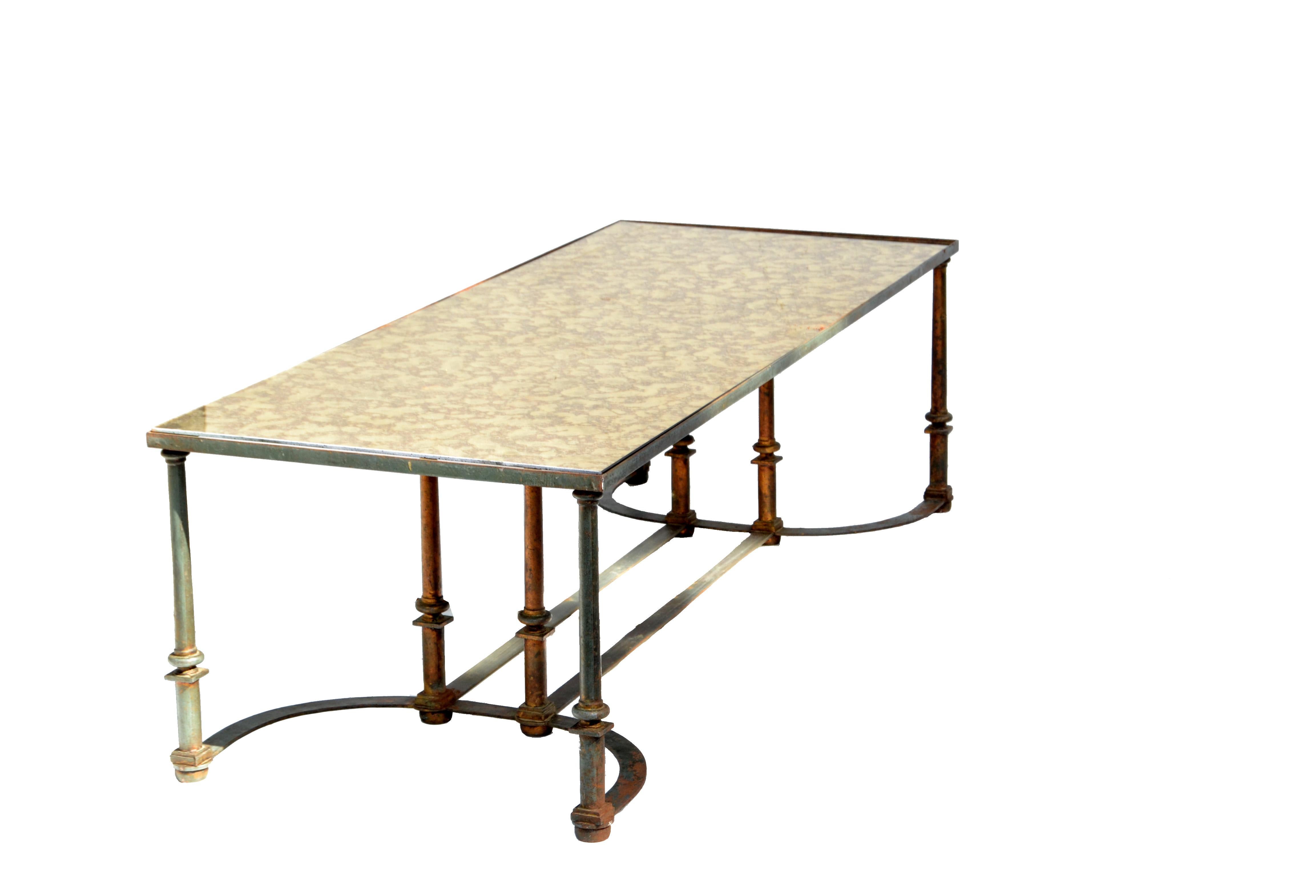 Maison Jansen Neoclassical Distressed Steel Coffee Table Cloudy Mirror Glass In Fair Condition In Miami, FL