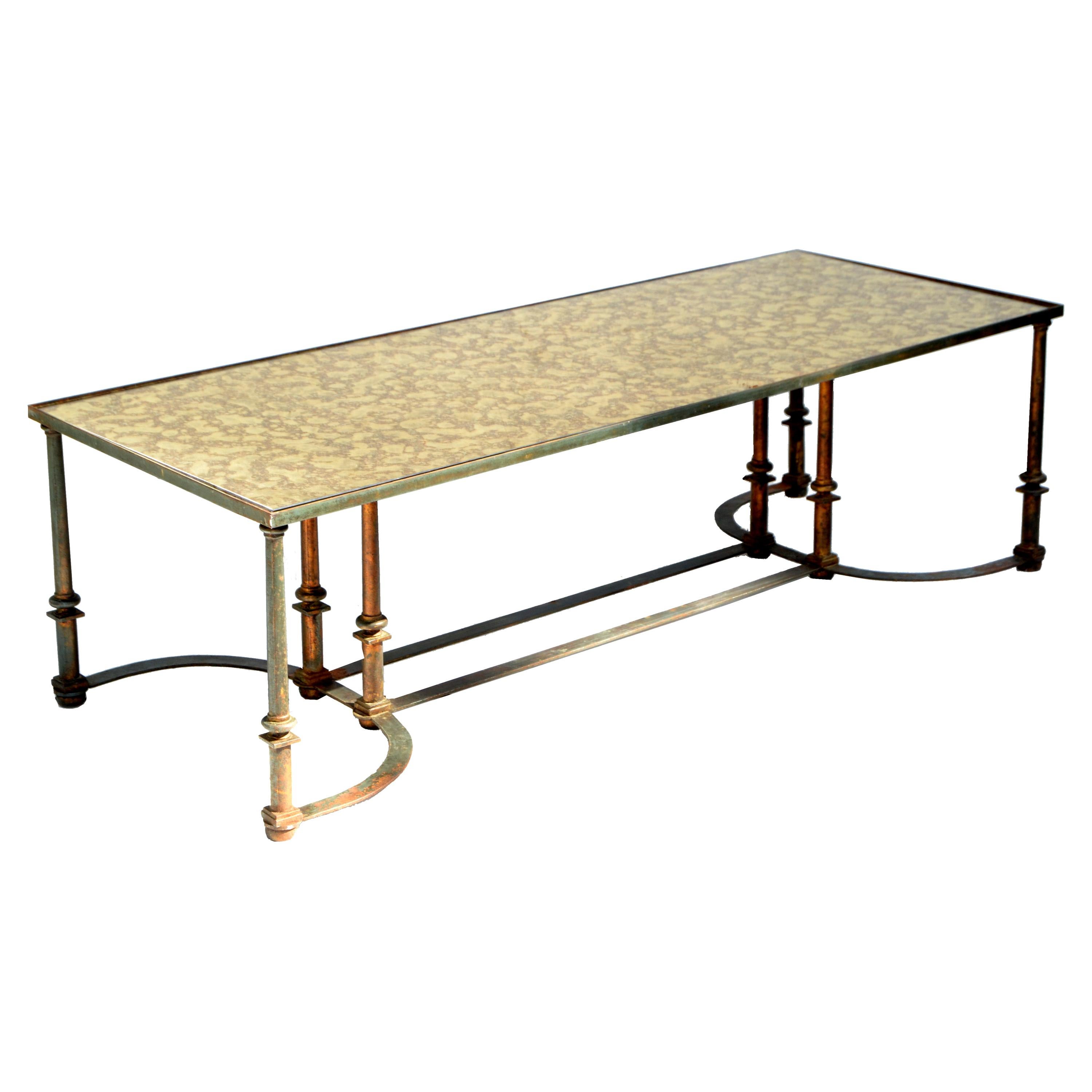 Maison Jansen Neoclassical Distressed Steel Coffee Table Cloudy Mirror Glass