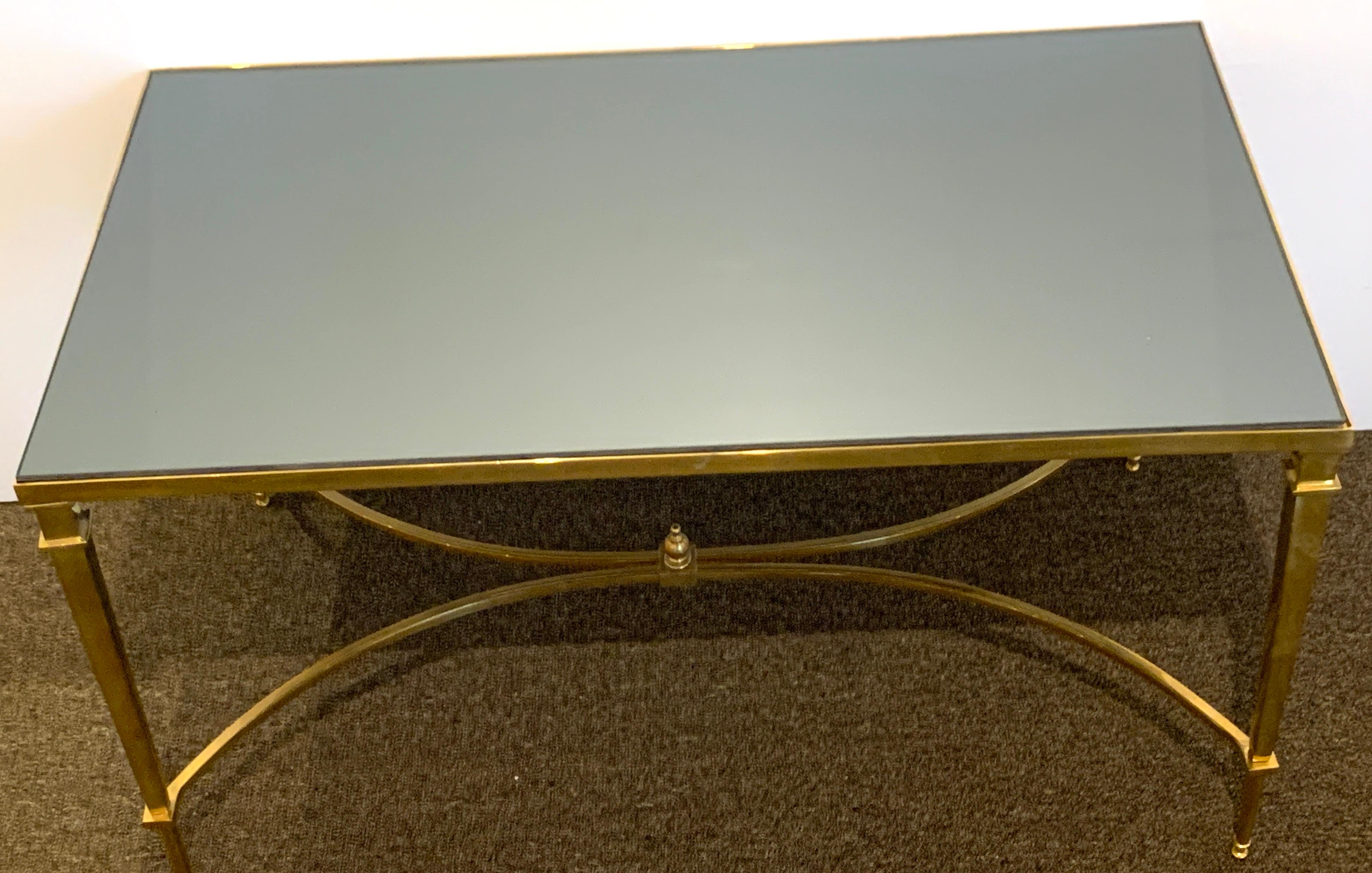 French Neoclassical Gilt Bronze Coffee Table with Grey Mirror Top For Sale