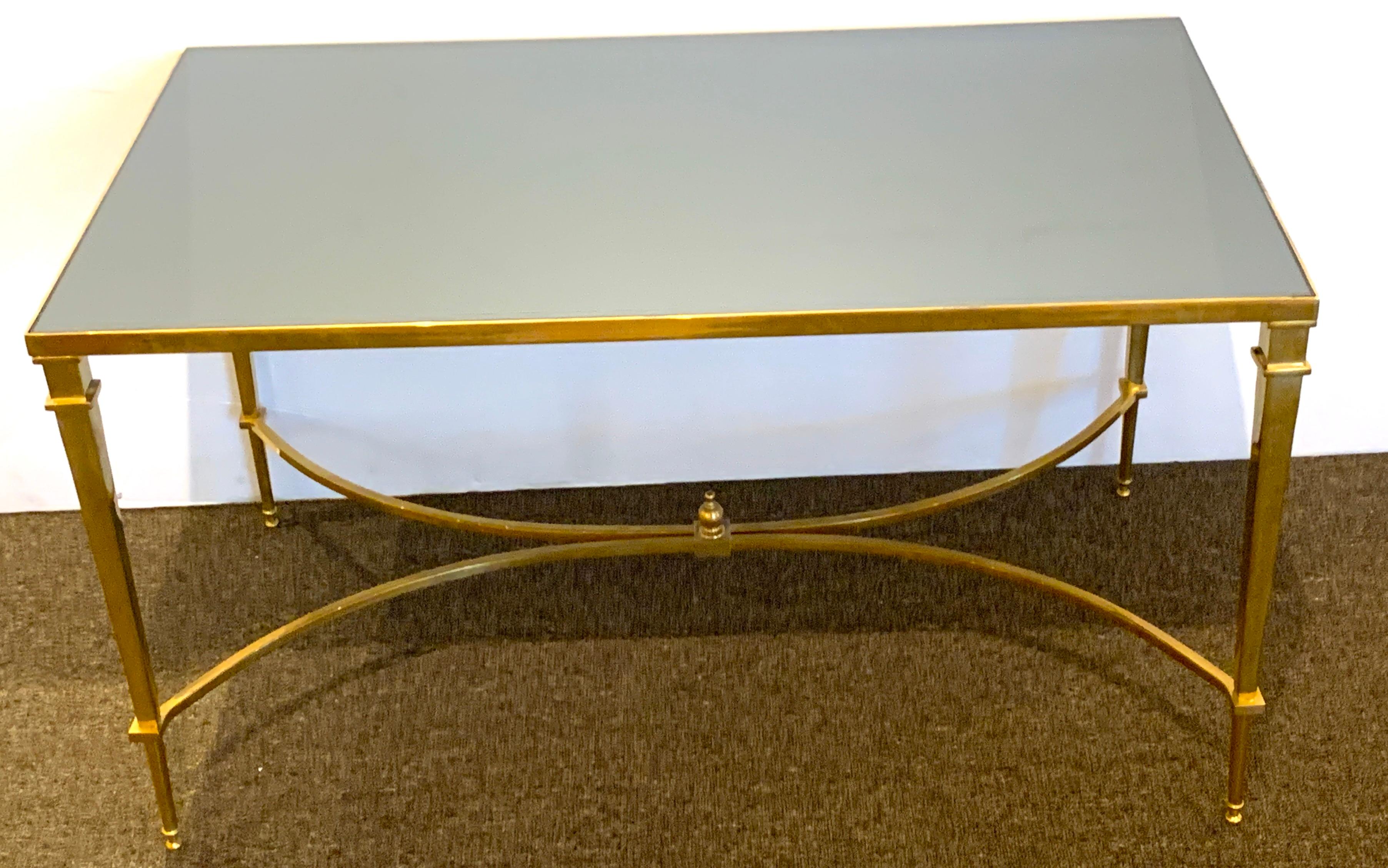 Neoclassical Gilt Bronze Coffee Table with Grey Mirror Top In Good Condition For Sale In Atlanta, GA
