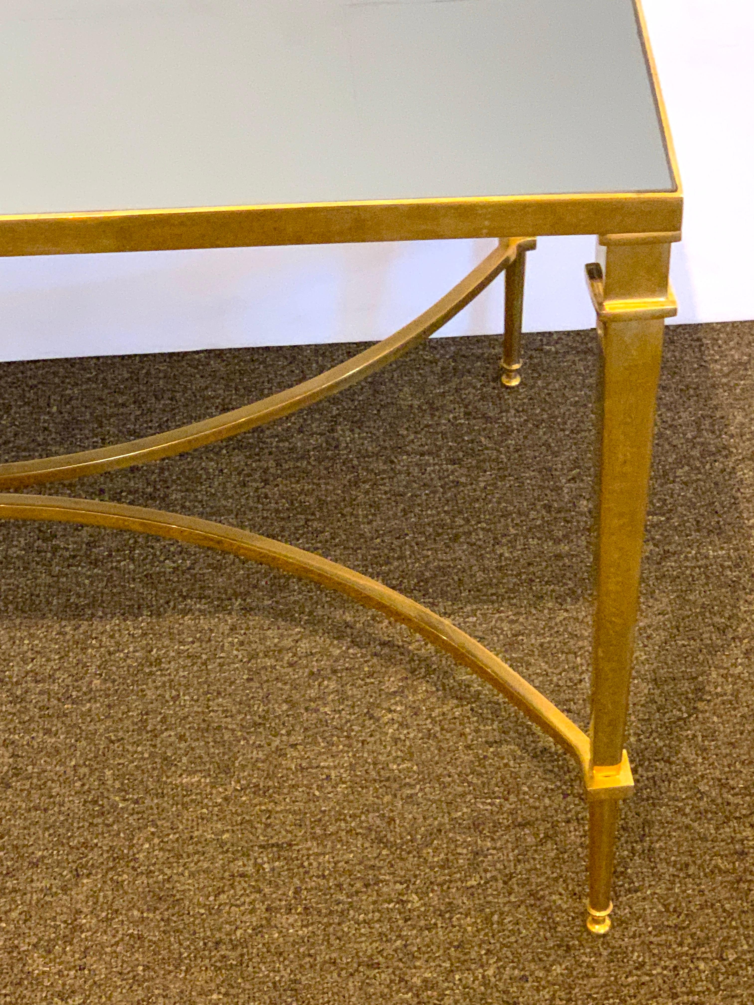 20th Century Neoclassical Gilt Bronze Coffee Table with Grey Mirror Top For Sale