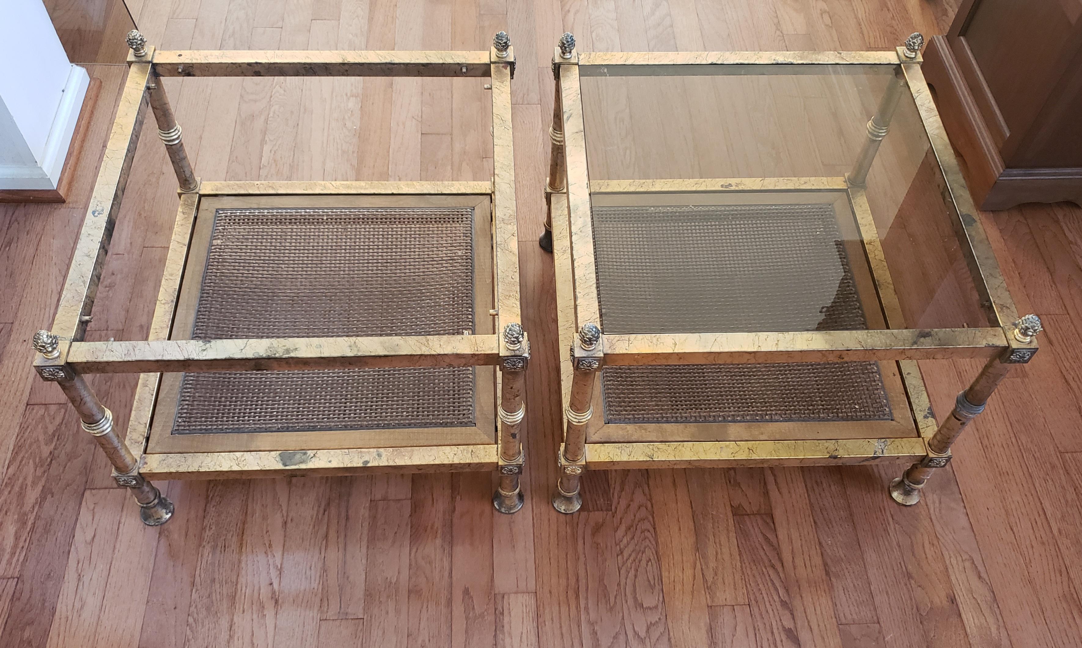 Maison Jansen Neoclassical Gilt Metal Wicker w Glass Inset Top Side Tables, Pair In Good Condition In Germantown, MD