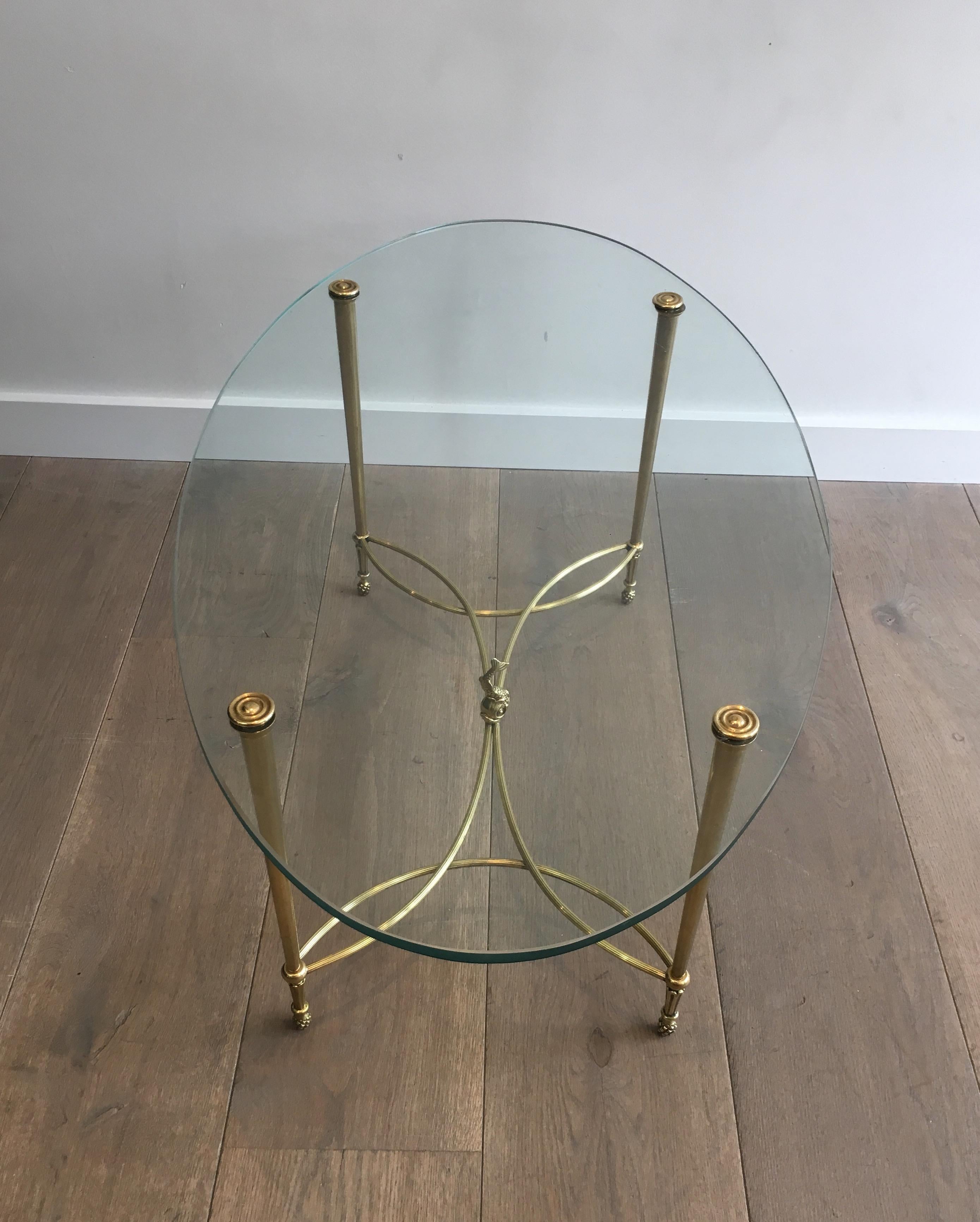 Maison Jansen, Neoclassical Oval Brass Coffee Table with Dolphin on Center of 15