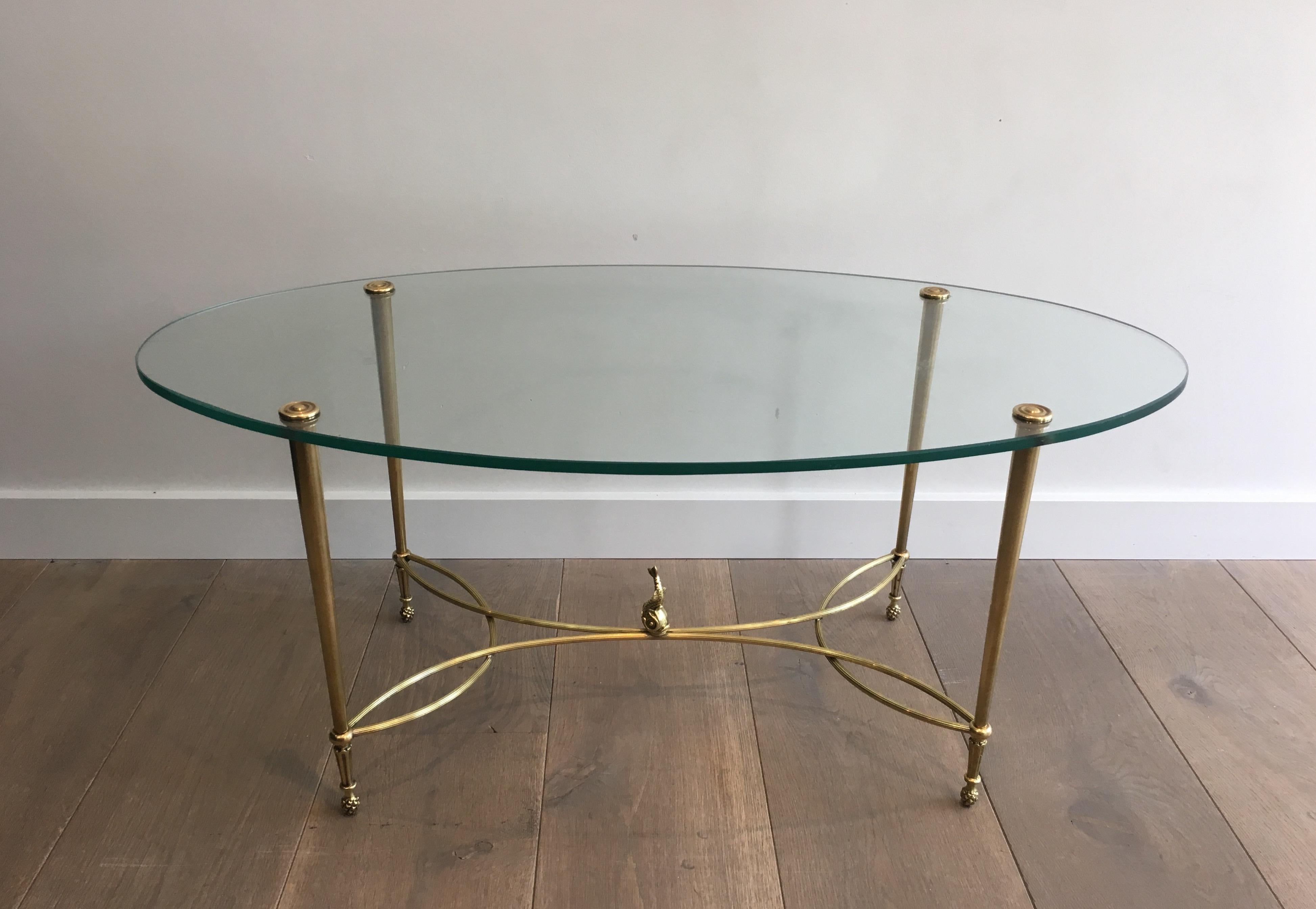 French Maison Jansen, Neoclassical Oval Brass Coffee Table with Dolphin on Center of