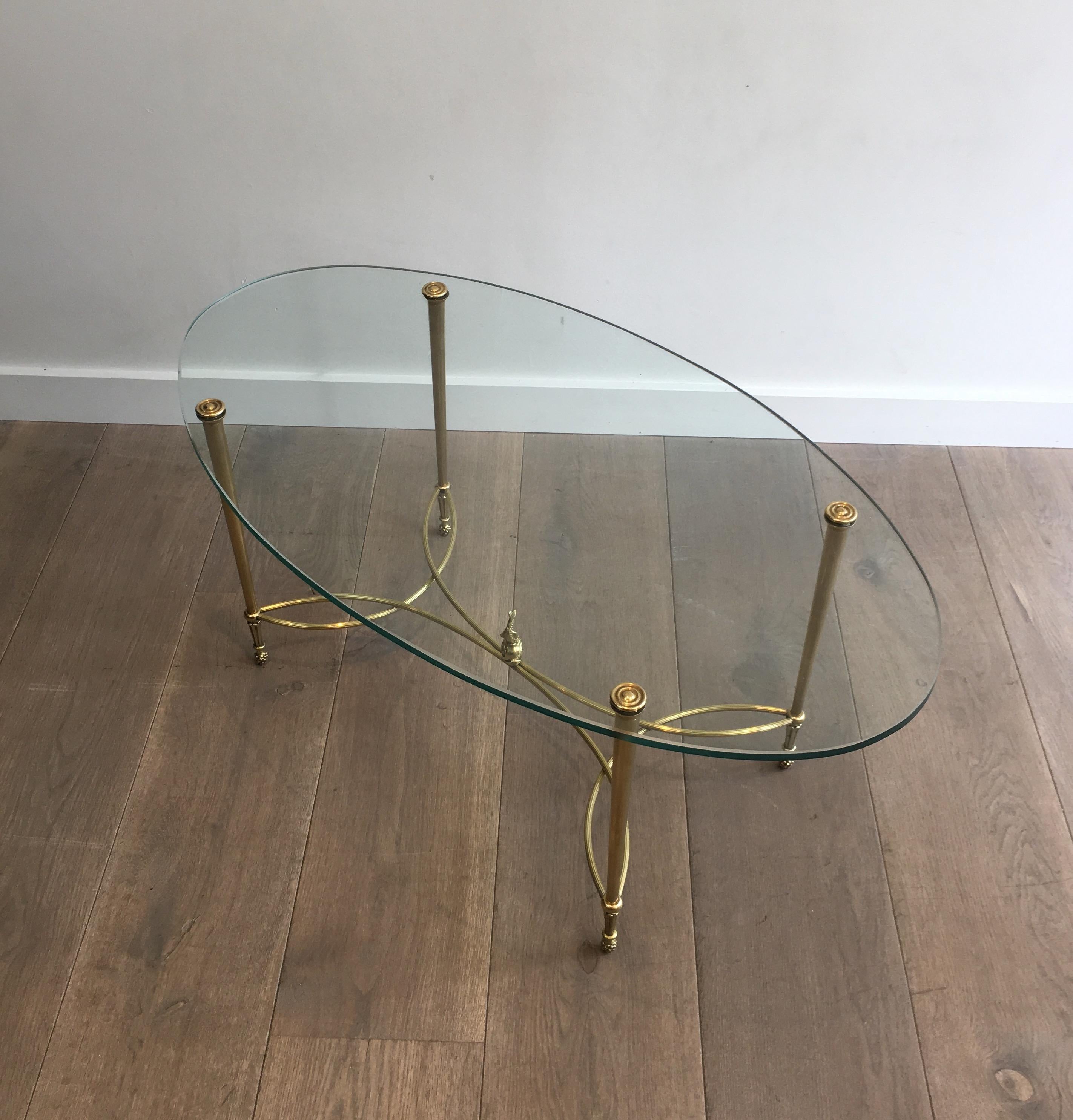 Maison Jansen, Neoclassical Oval Brass Coffee Table with Dolphin on Center of 4