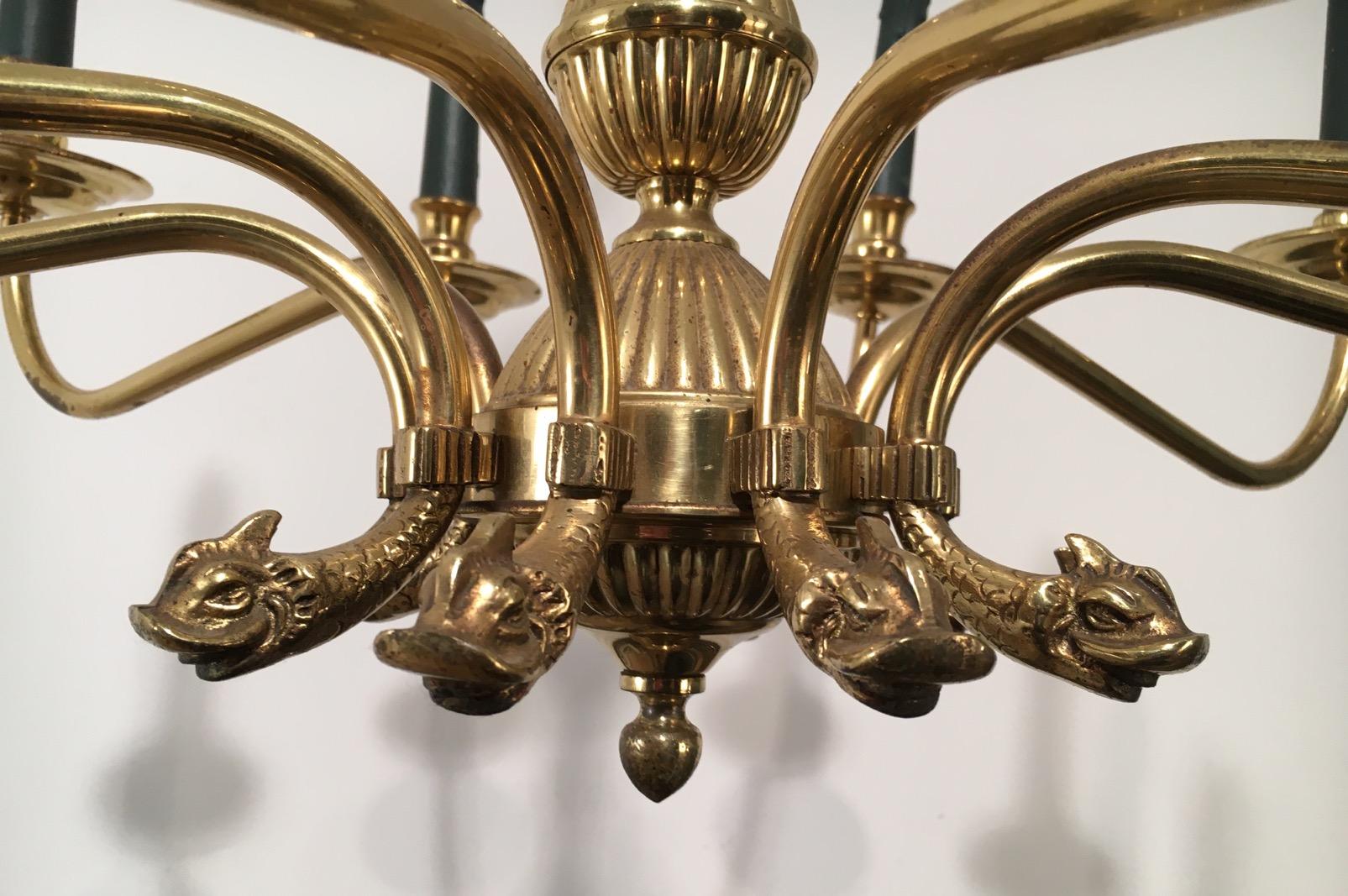 Maison Jansen, Neoclassical Style 10-Light Brass Chandelier with Dolfin Heads 8
