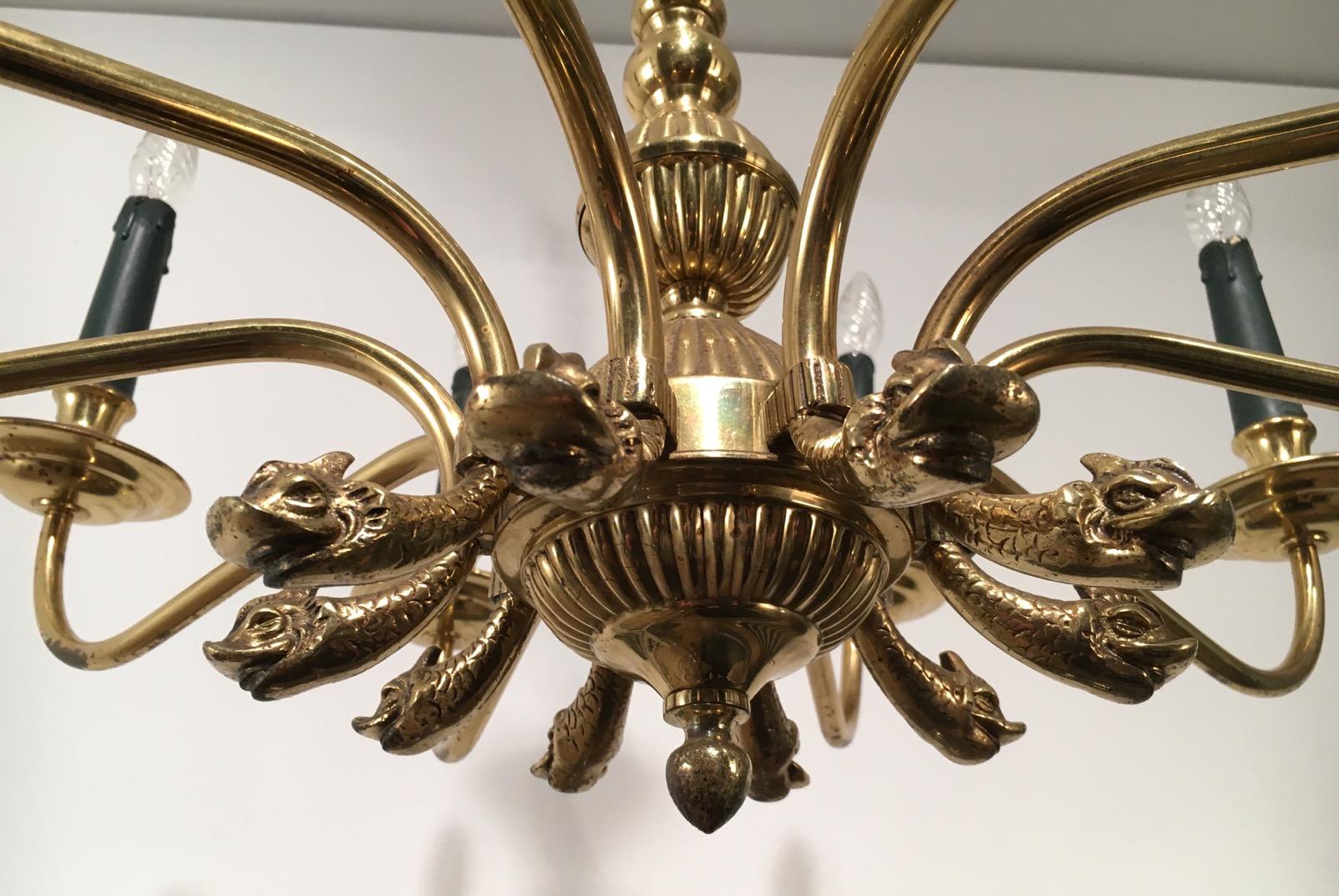 Maison Jansen, Neoclassical Style 10-Light Brass Chandelier with Dolfin Heads 9