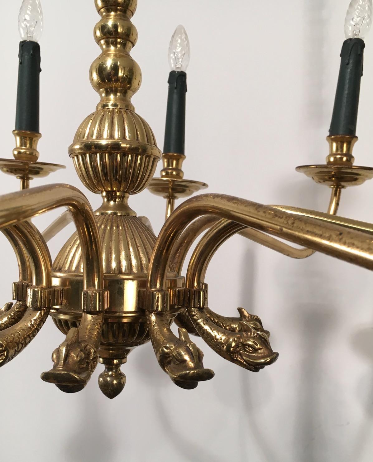 Maison Jansen, Neoclassical Style 10-Light Brass Chandelier with Dolfin Heads 10
