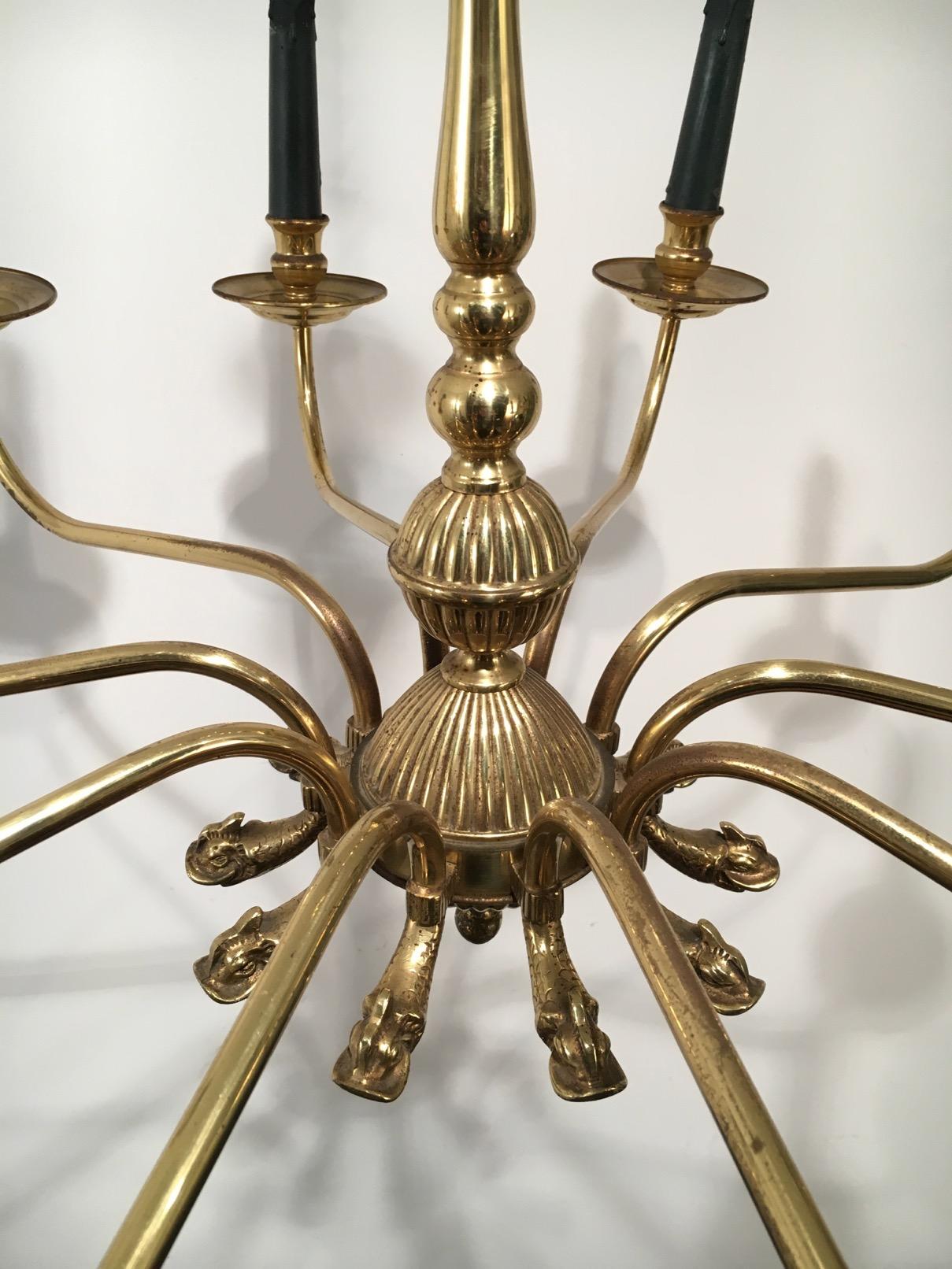 Maison Jansen, Neoclassical Style 10-Light Brass Chandelier with Dolfin Heads 13