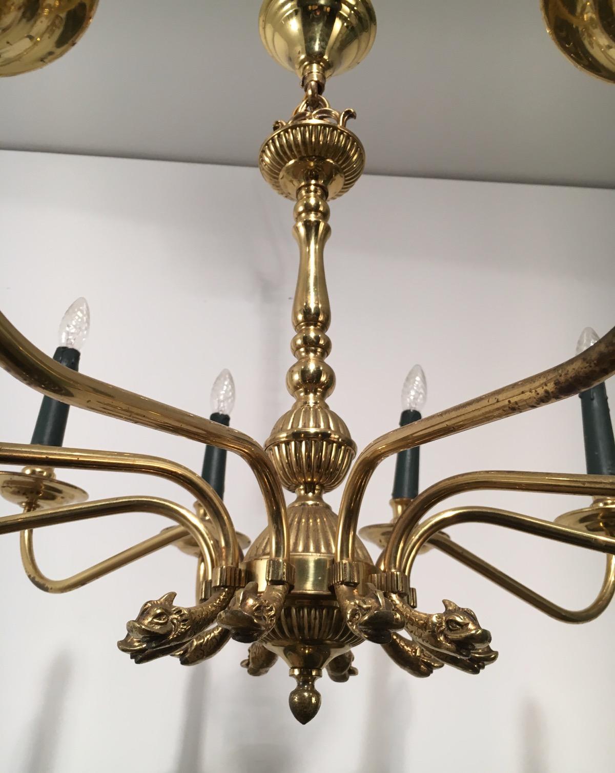 Maison Jansen, Neoclassical Style 10-Light Brass Chandelier with Dolfin Heads 14