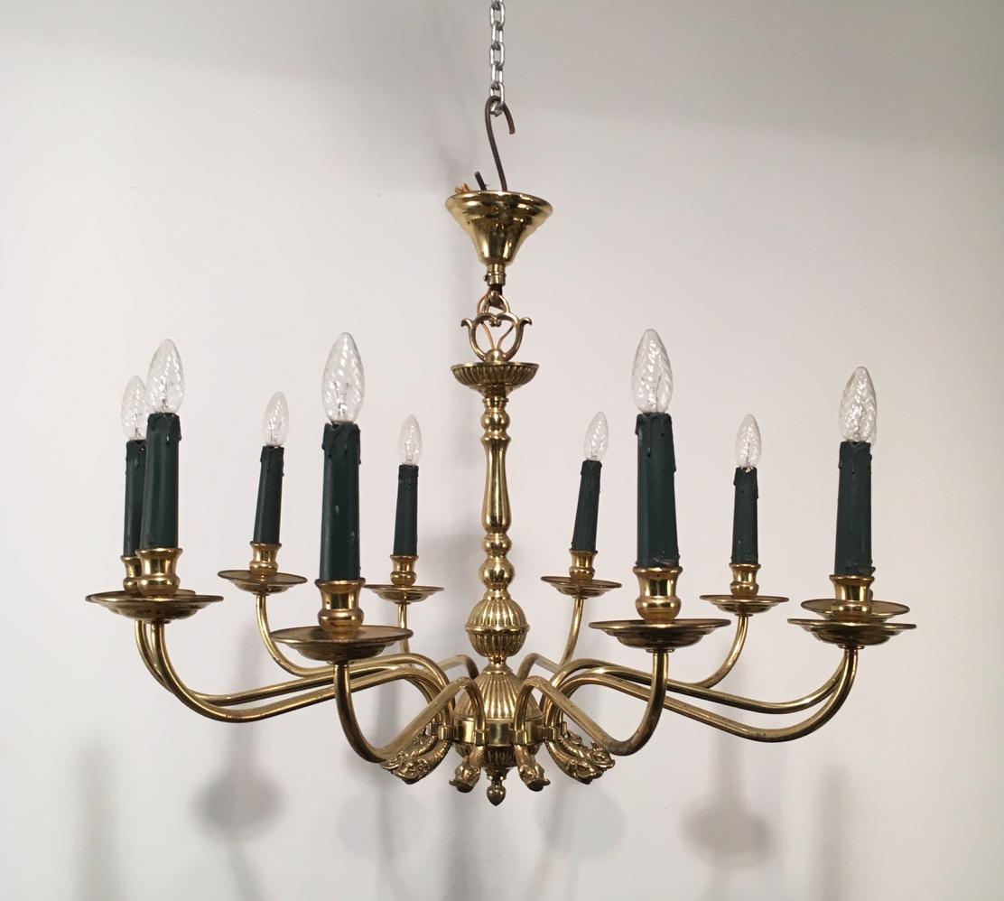 French Maison Jansen, Neoclassical Style 10-Light Brass Chandelier with Dolfin Heads