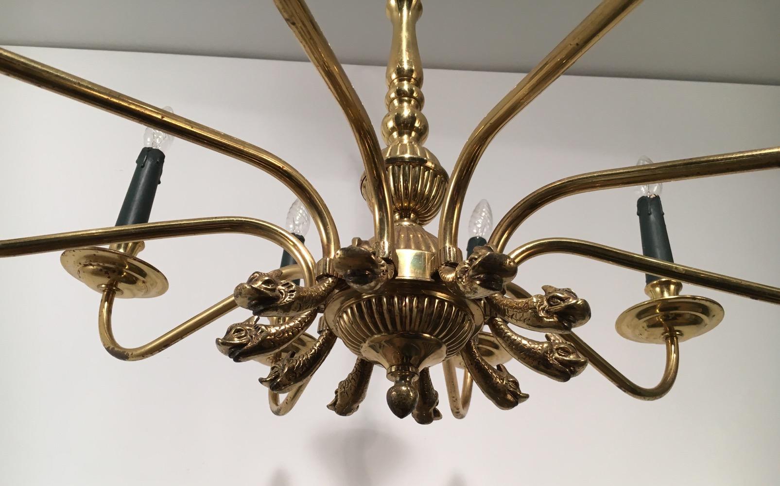 Maison Jansen, Neoclassical Style 10-Light Brass Chandelier with Dolfin Heads 2