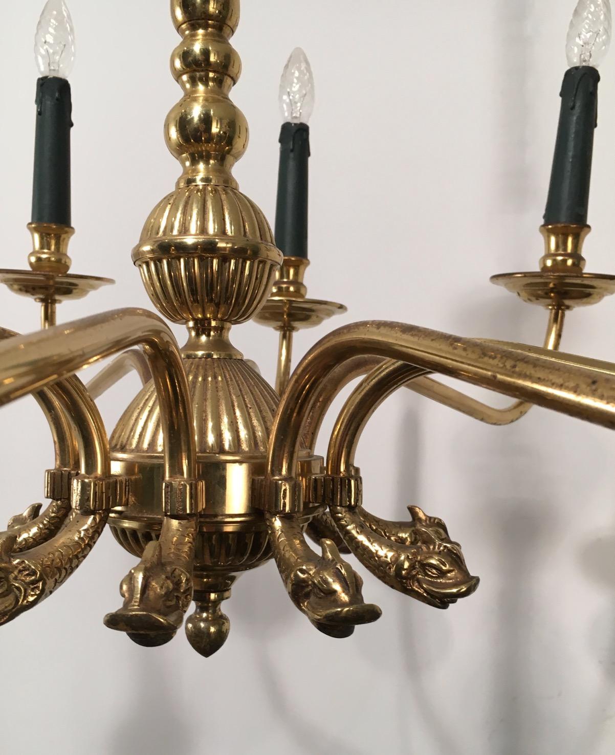 Maison Jansen, Neoclassical Style 10-Light Brass Chandelier with Dolfin Heads 4
