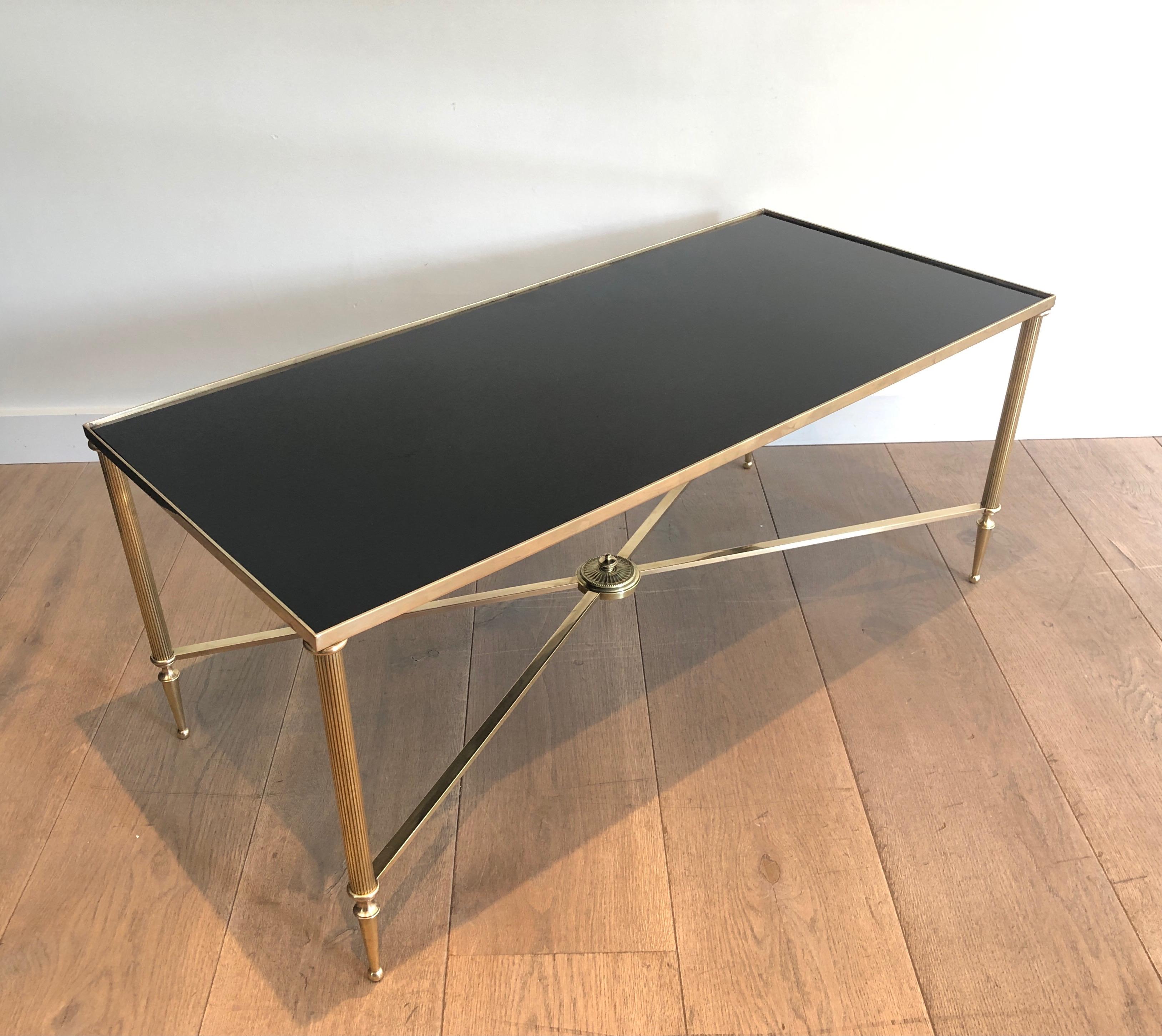 French Maison Jansen, Neoclassical Style Brass Coffee Table with Black Lacquered Glass