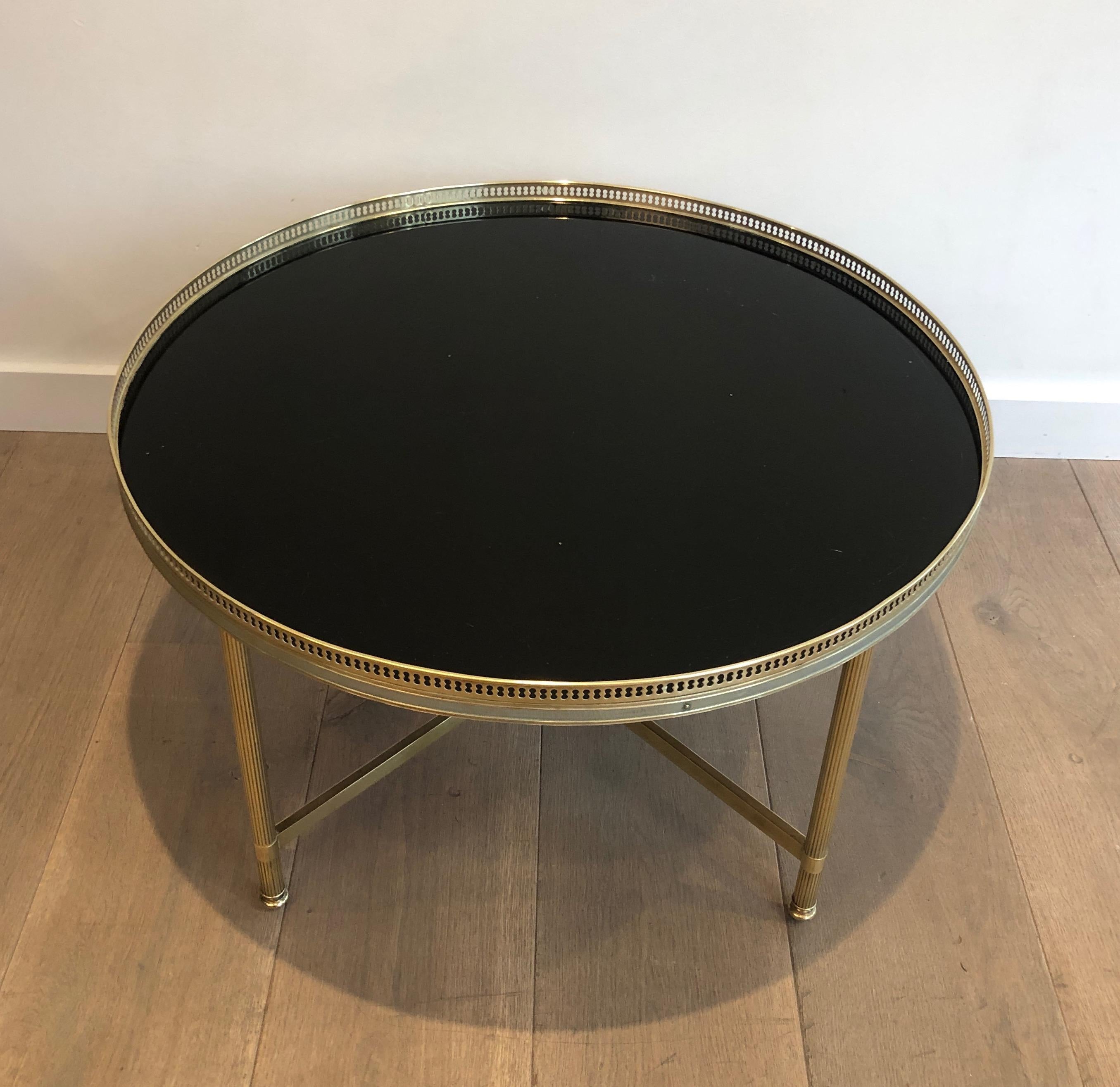 French Maison Jansen, Neoclassical Style Brass Coffee Table with Black lacquered Glass 