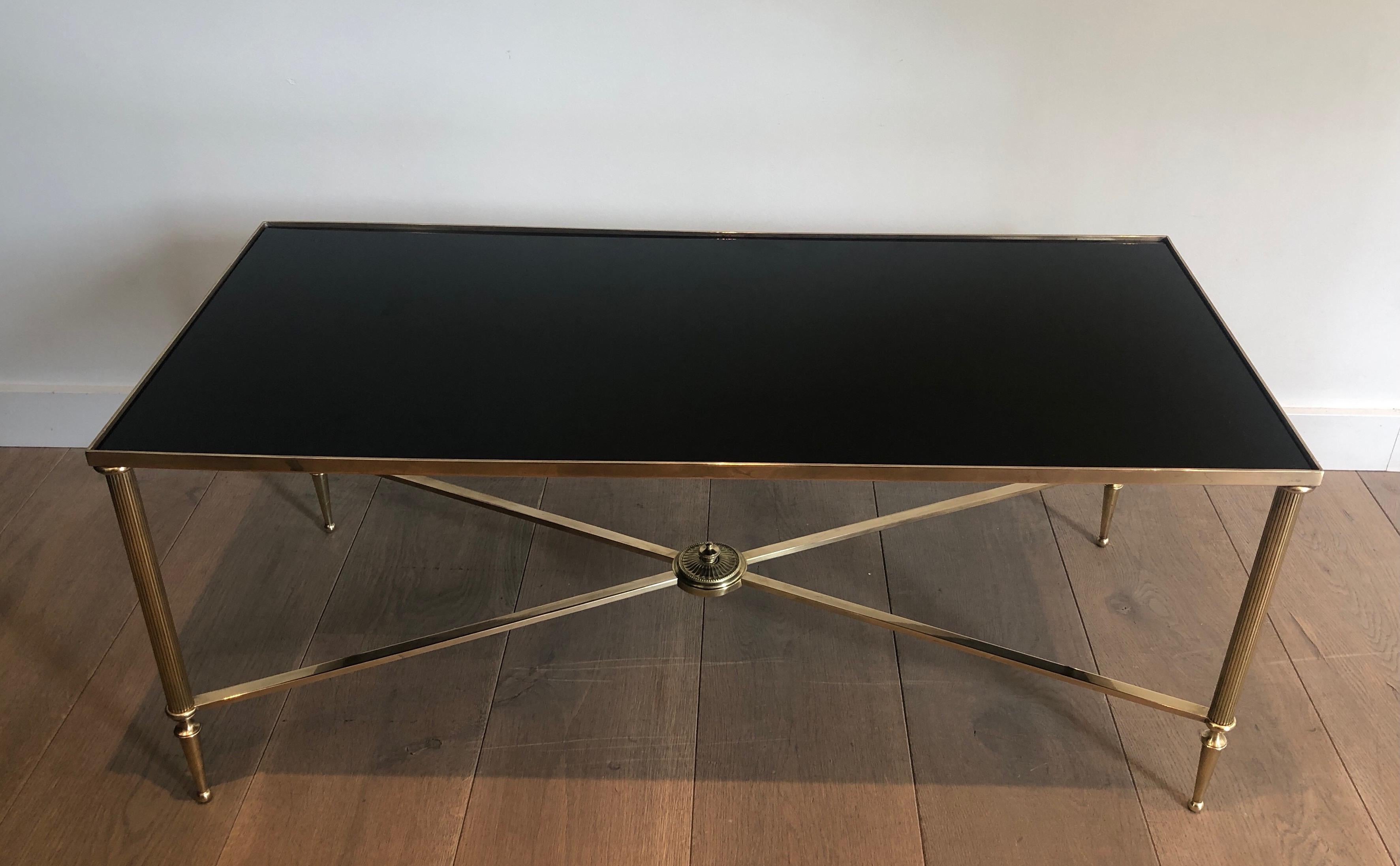 Maison Jansen, Neoclassical Style Brass Coffee Table with Black Lacquered Glass In Good Condition In Marcq-en-Barœul, Hauts-de-France