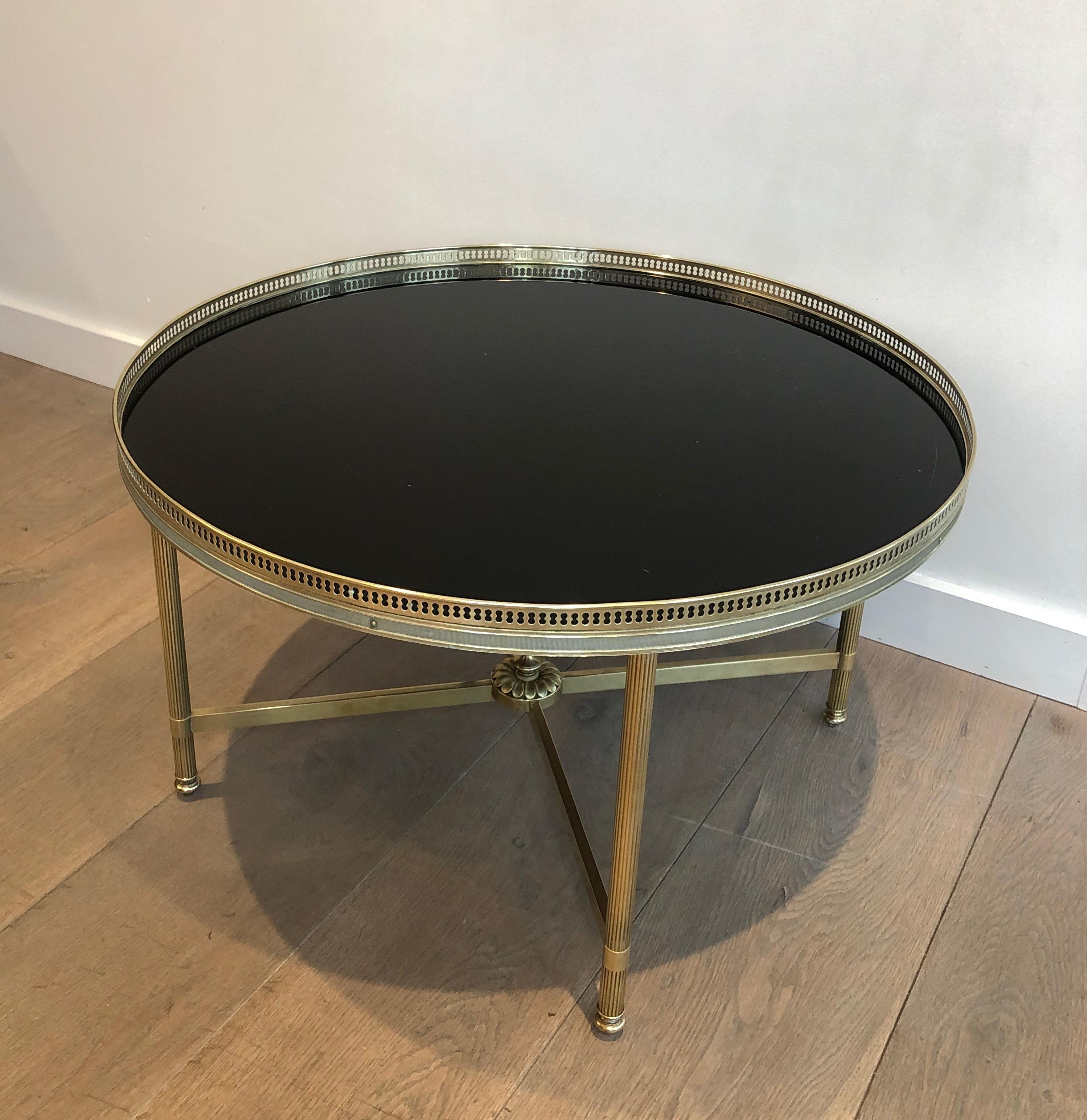 Lacquered Maison Jansen, Neoclassical Style Brass Coffee Table with Black lacquered Glass 