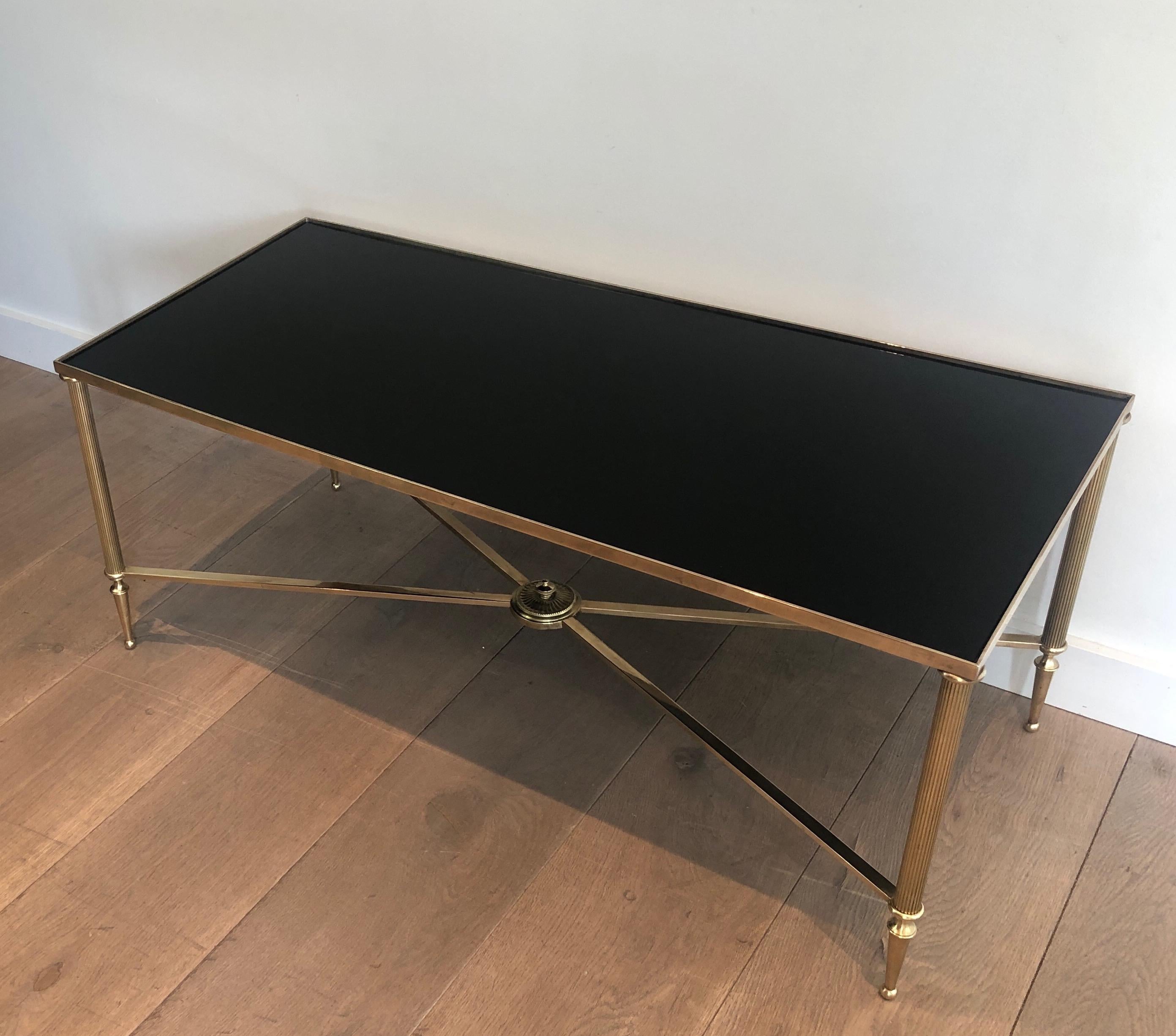 Maison Jansen, Neoclassical Style Brass Coffee Table with Black Lacquered Glass 4