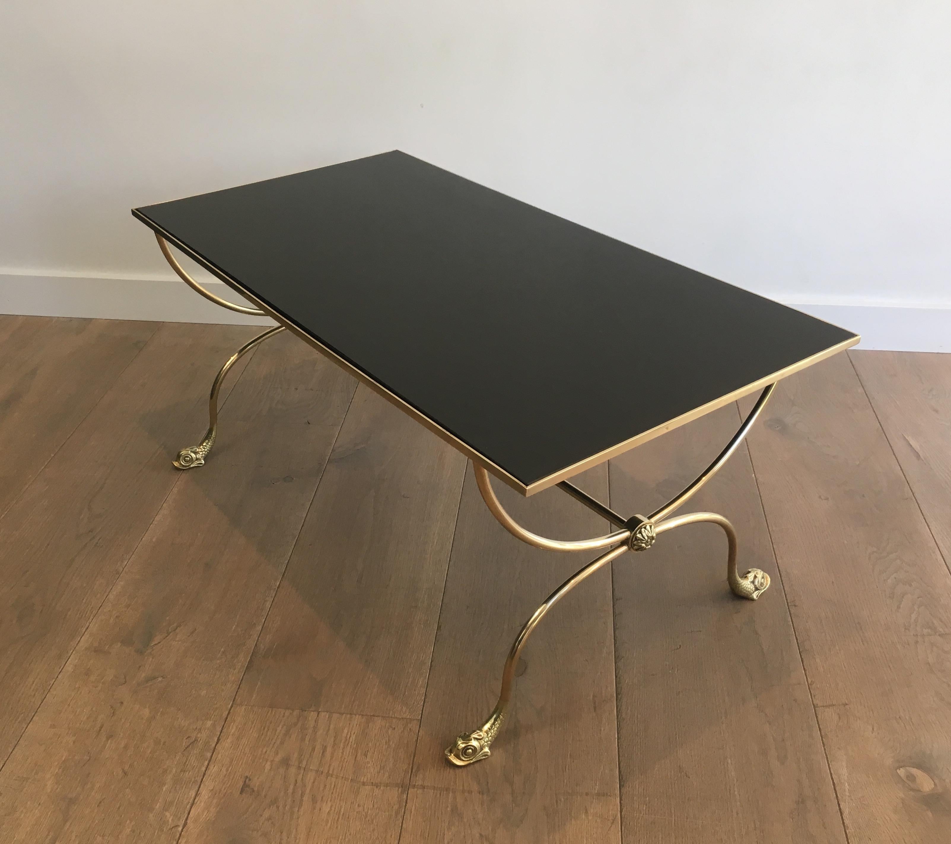 French Maison Jansen, Neoclassical Style Brass Coffee Table with Dolphin Heads