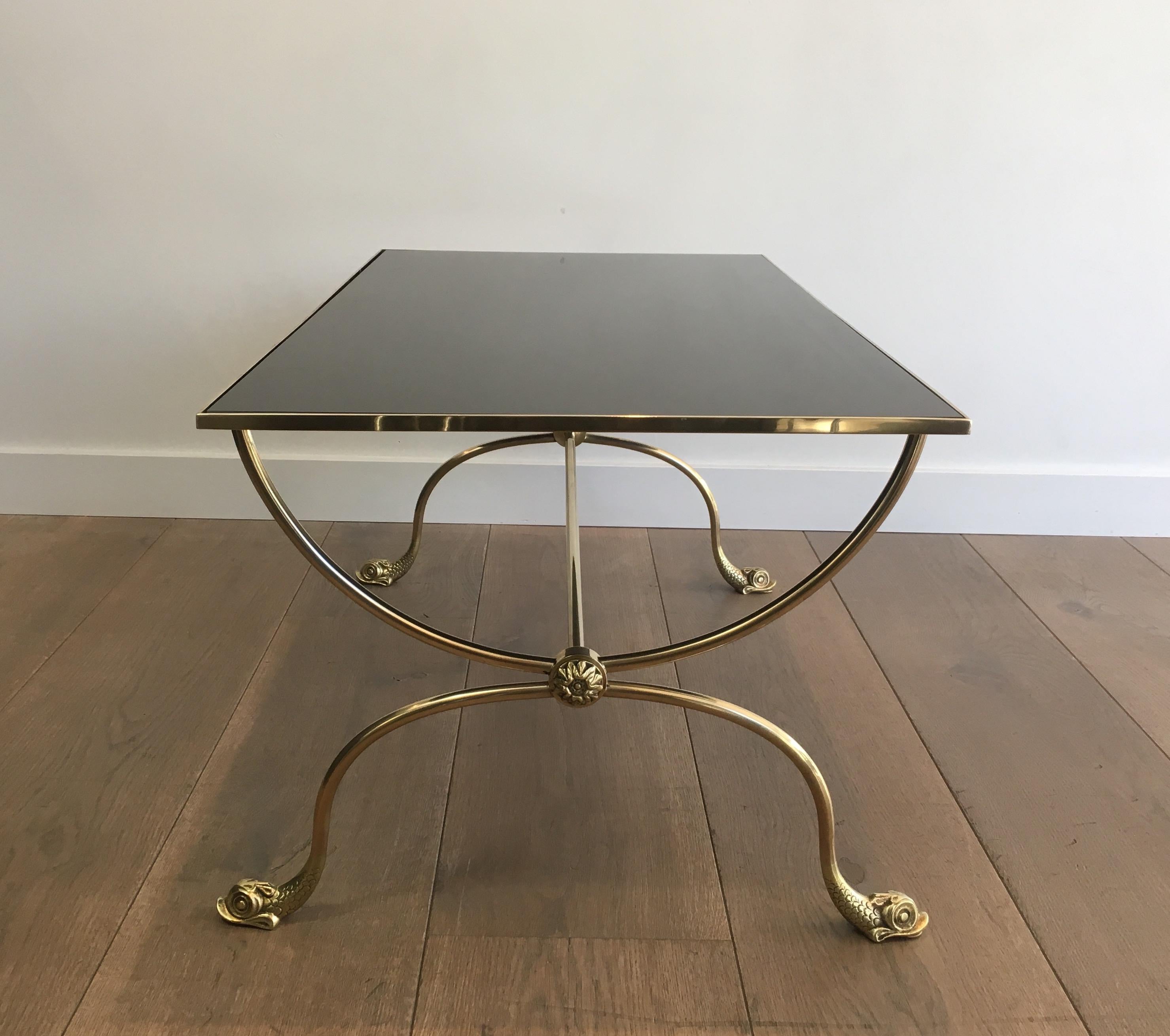 Lacquered Maison Jansen, Neoclassical Style Brass Coffee Table with Dolphin Heads